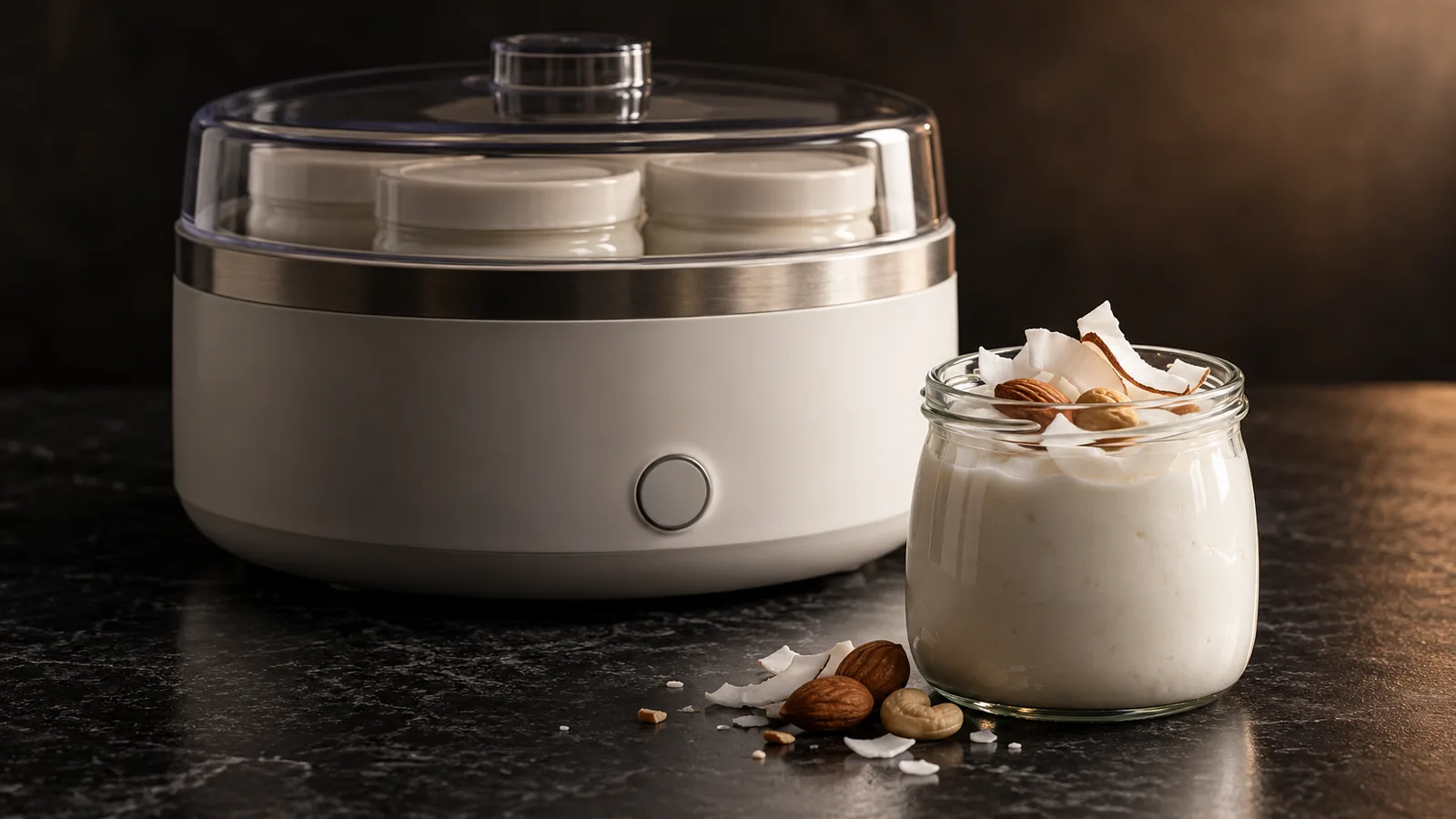 A yogurt maker beside a jar of plant-based yogurt topped with coconut flakes and a few nuts.