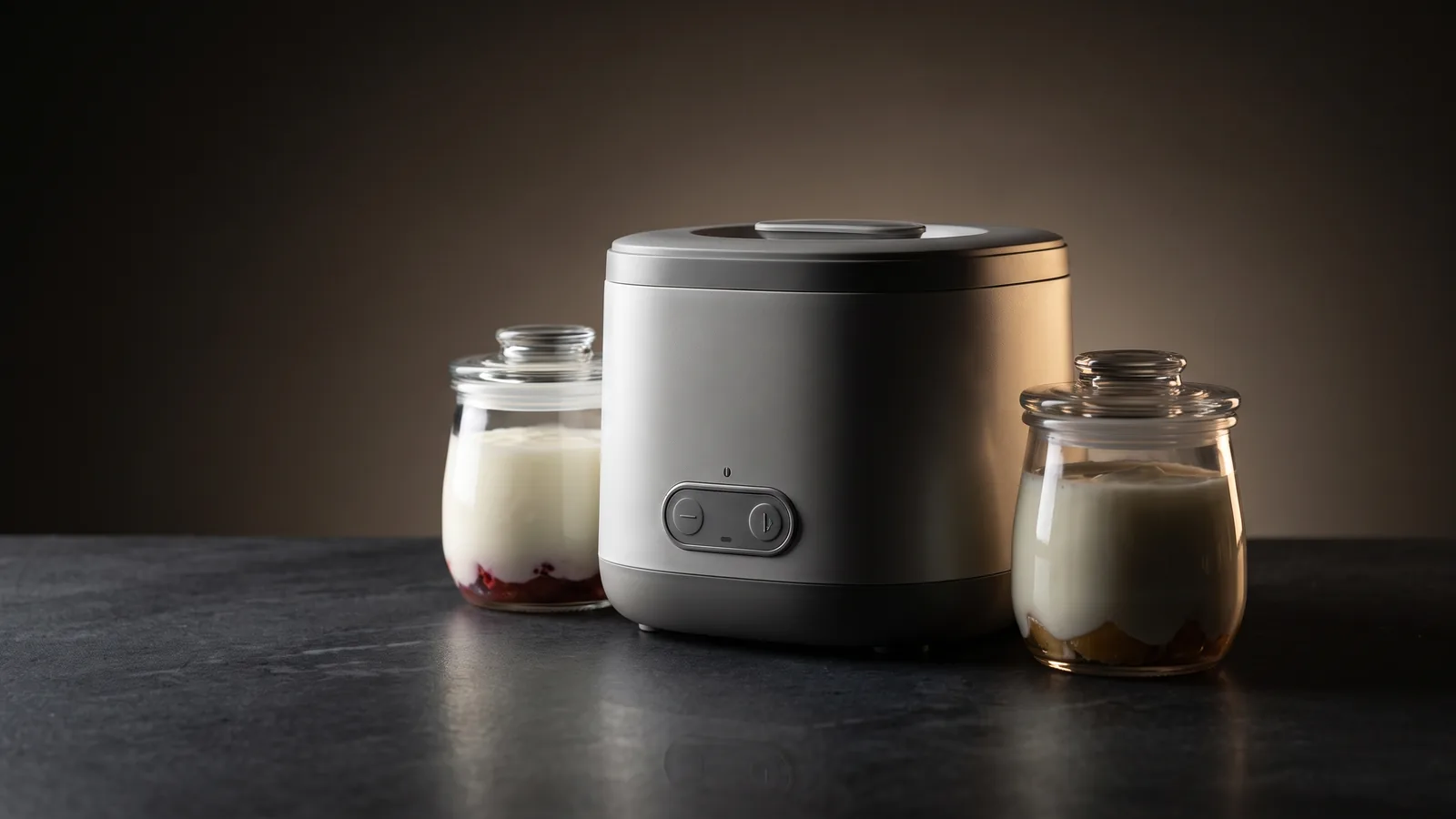A compact yogurt maker with a few glass jars on a tight dark counter, space-saving.