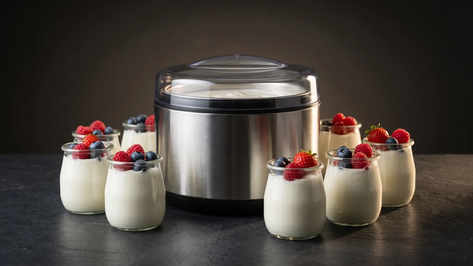 A premium yogurt maker ringed with glass jars of creamy yogurt topped with fresh berries.
