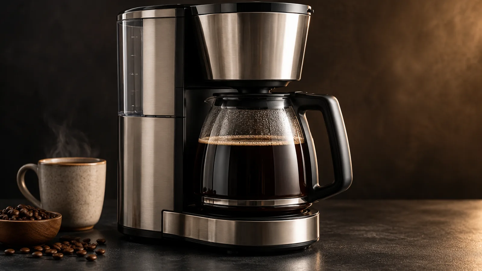 A premium brushed-stainless drip brewer (generic, no logo) with a full carafe of coffee, refined.