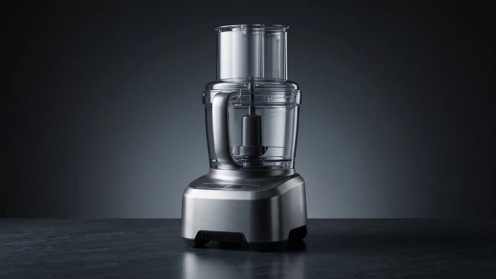 A large refined premium food processor with a wide feed chute and clear bowl (generic, no logo).