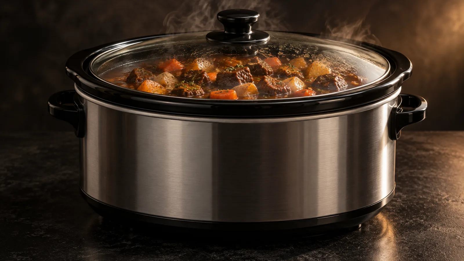 A slow cooker glowing warm with a gently simmering stew inside, a cozy all-day-at-home mood, soft warm light.