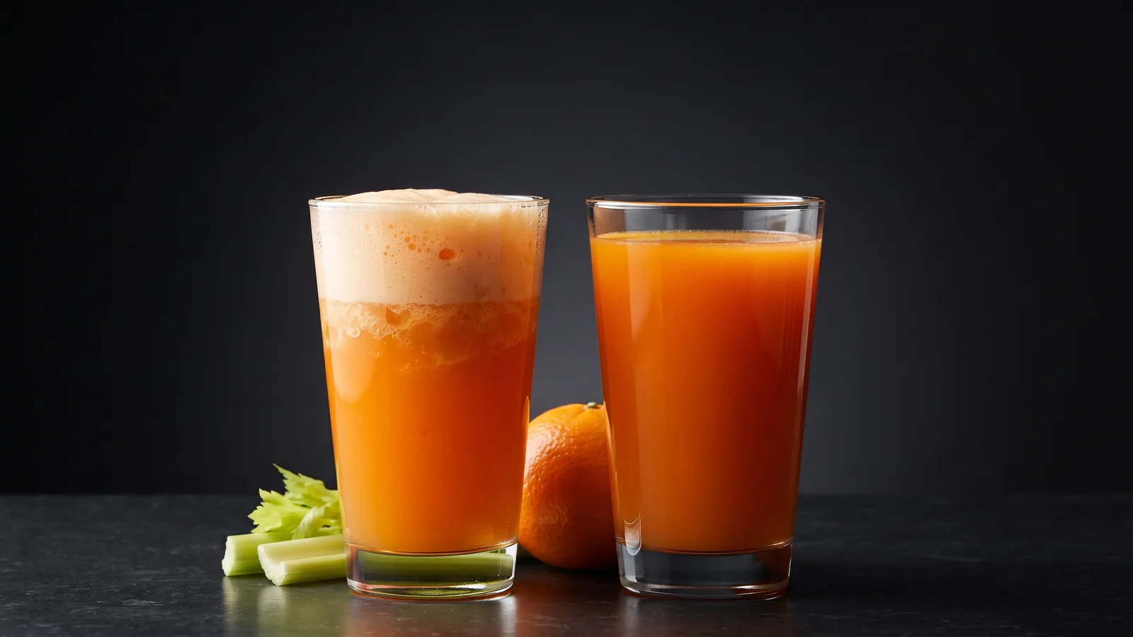 Two tall glasses of fresh juice on a dark surface — the left topped with a thick pale foam from a centrifugal juicer, the right clear and richly coloured from a cold-press juicer — beside a whole orange and celery.