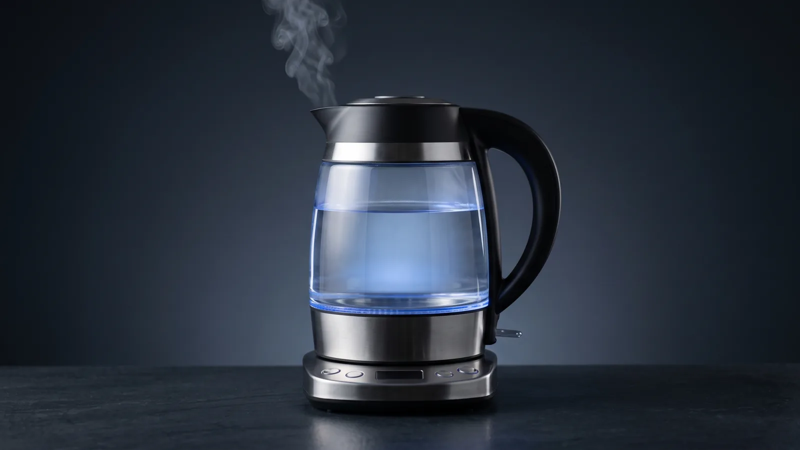 A temperature-control electric kettle with a control base (generic), steam rising, value feel.