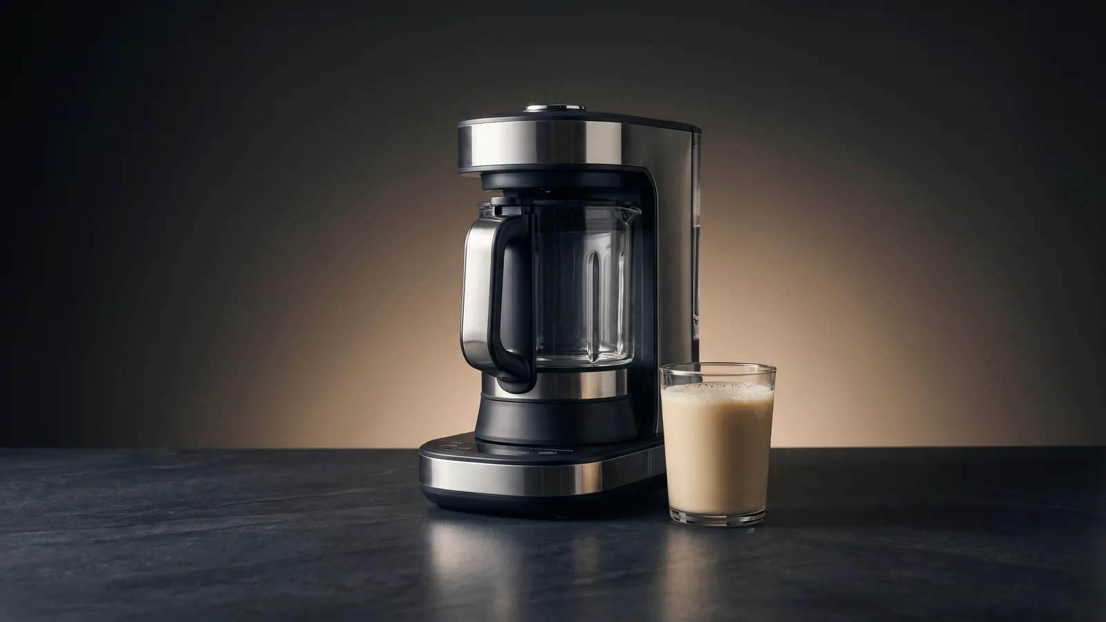 A heated nut milk maker with a glass of warm plant milk (generic).