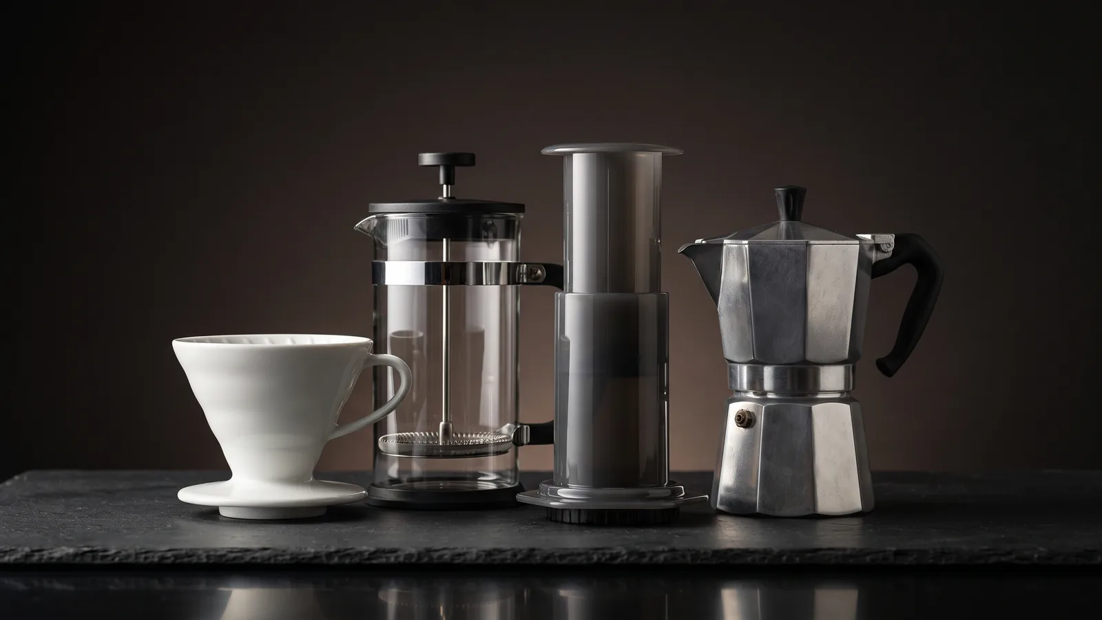 An elegant arrangement of coffee brewing tools grouped together.