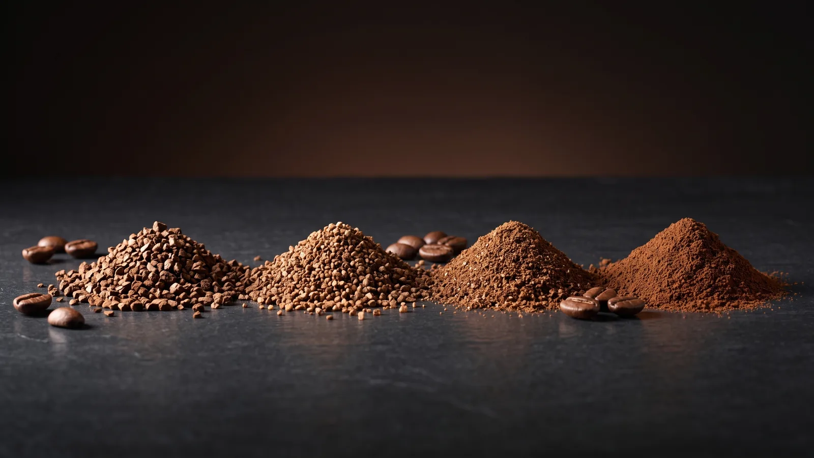 A neat row of four small piles of coffee ground from coarse to fine, left to right, with a few whole beans, a clear coarseness gradient.