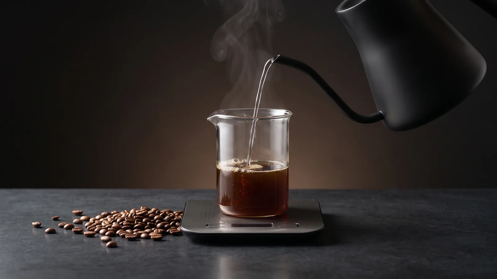 A matte gooseneck kettle pouring a fine stream into a glass beaker of coffee that sits on a minimalist kitchen scale, a scatter of whole beans nearby.