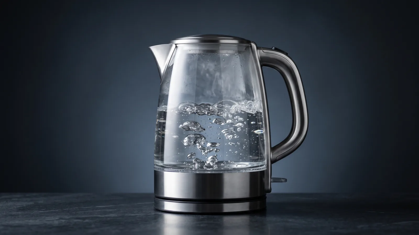 A glass-and-stainless electric kettle with boiling water visible inside, no-plastic feel (generic).
