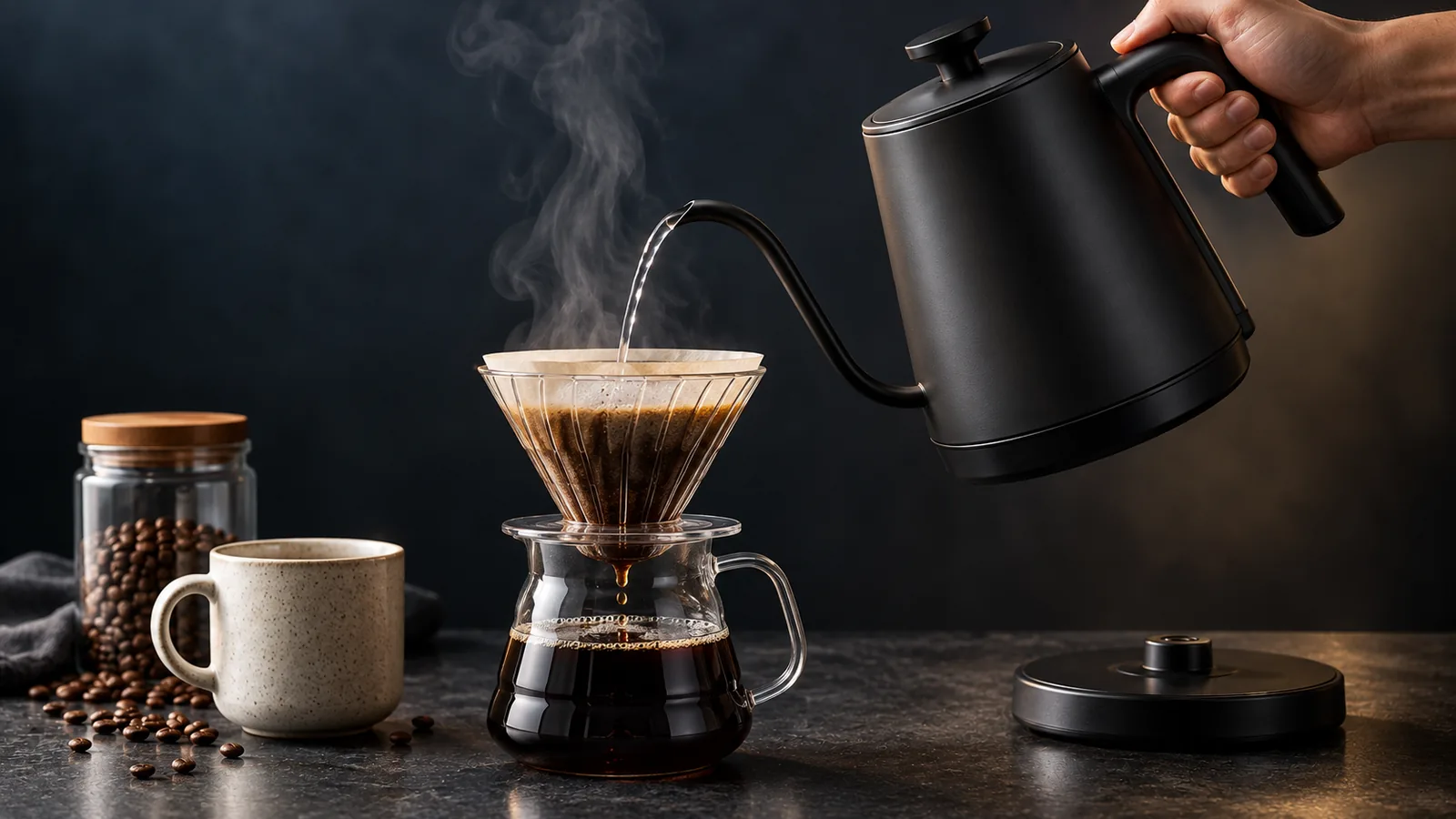 A matte-black gooseneck electric kettle pouring a precise stream of hot water over a pour-over coffee dripper, with steam rising, on a dark surface.