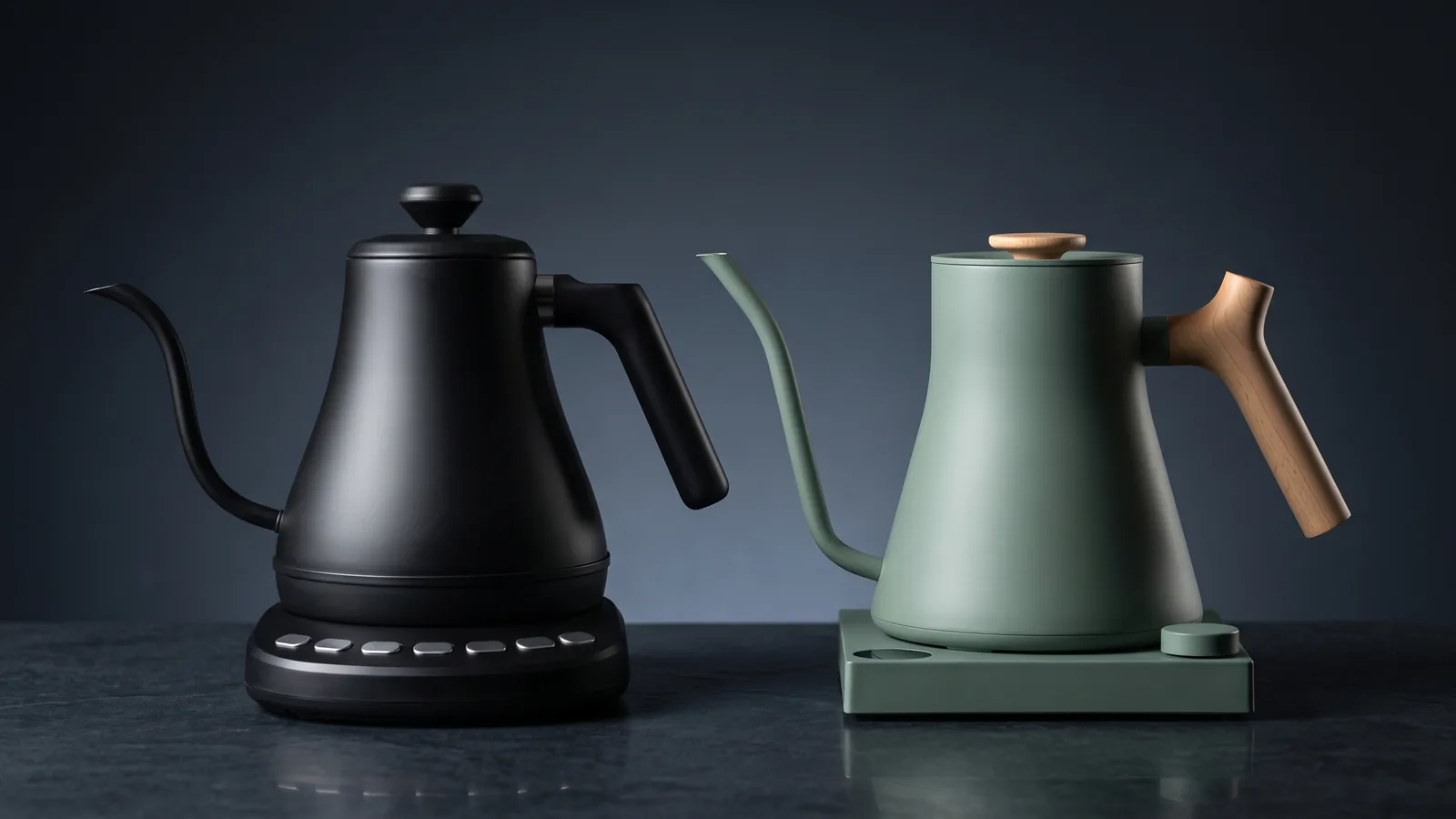 Two gooseneck electric kettles side by side, one a value matte model and one a minimalist premium model.
