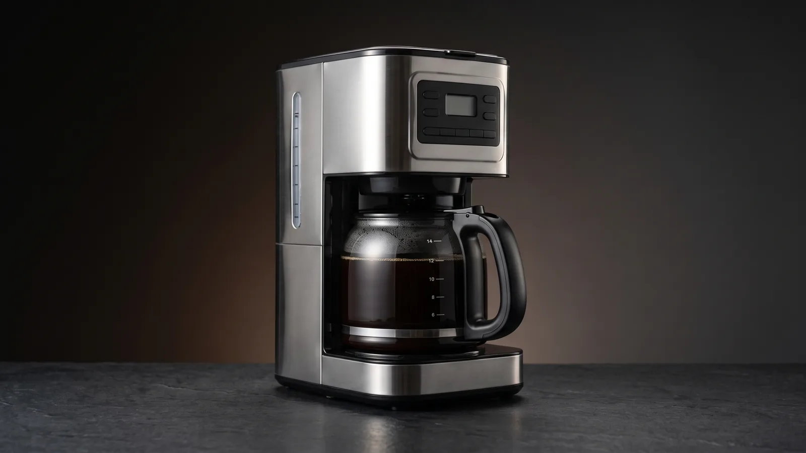 A large fourteen-cup drip coffee maker with a full glass carafe of coffee (generic, no logo).