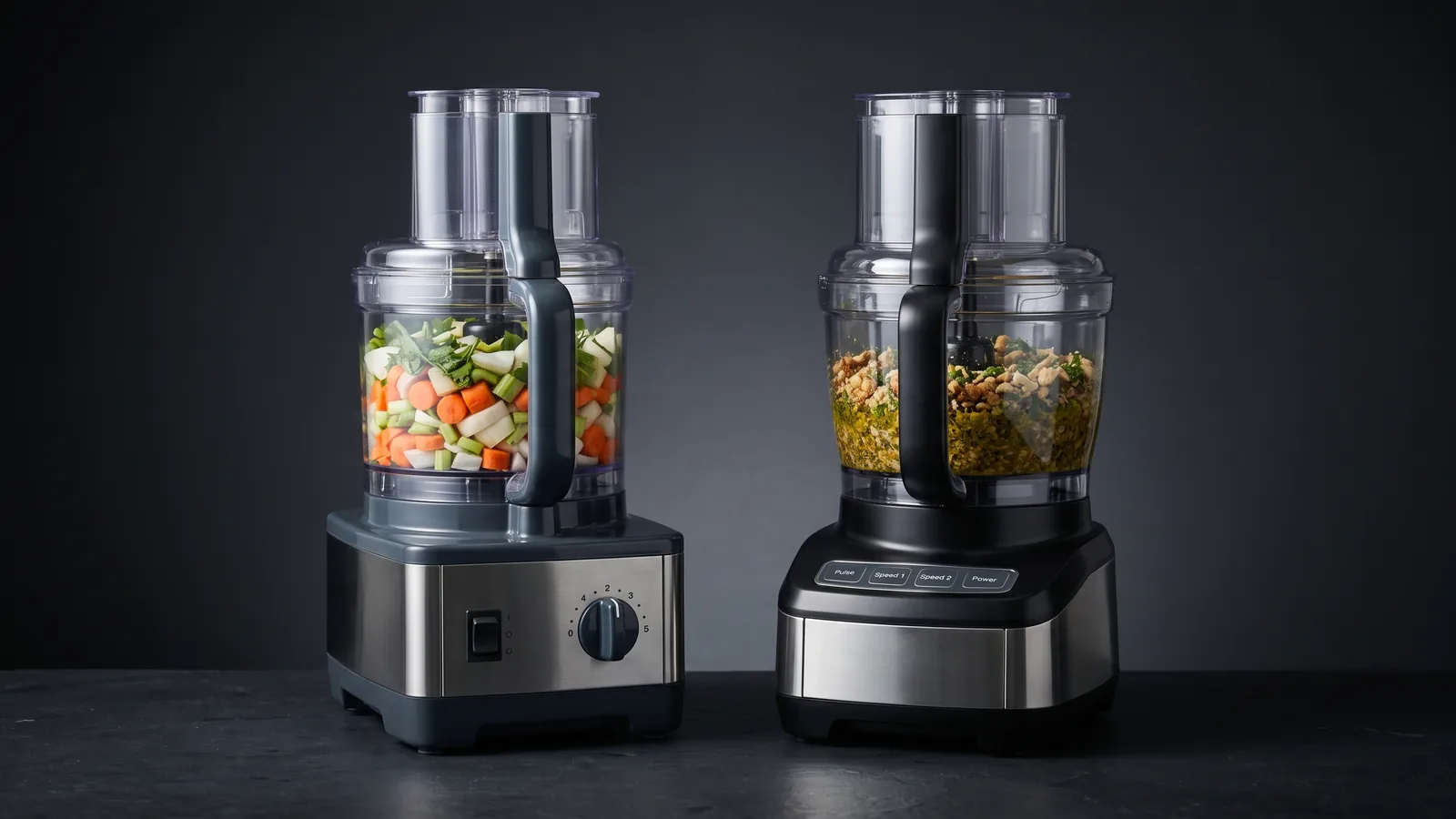 Two food processors side by side, a classic tall workhorse and a stout powerful model, each with a full bowl.