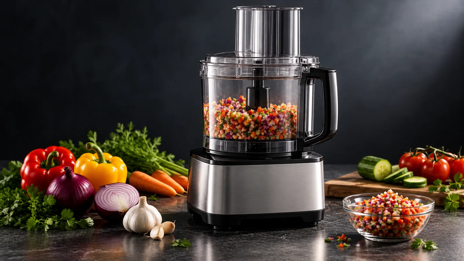 A classic fourteen-cup food processor with a tall feed tube and clear bowl of chopped vegetables (generic).