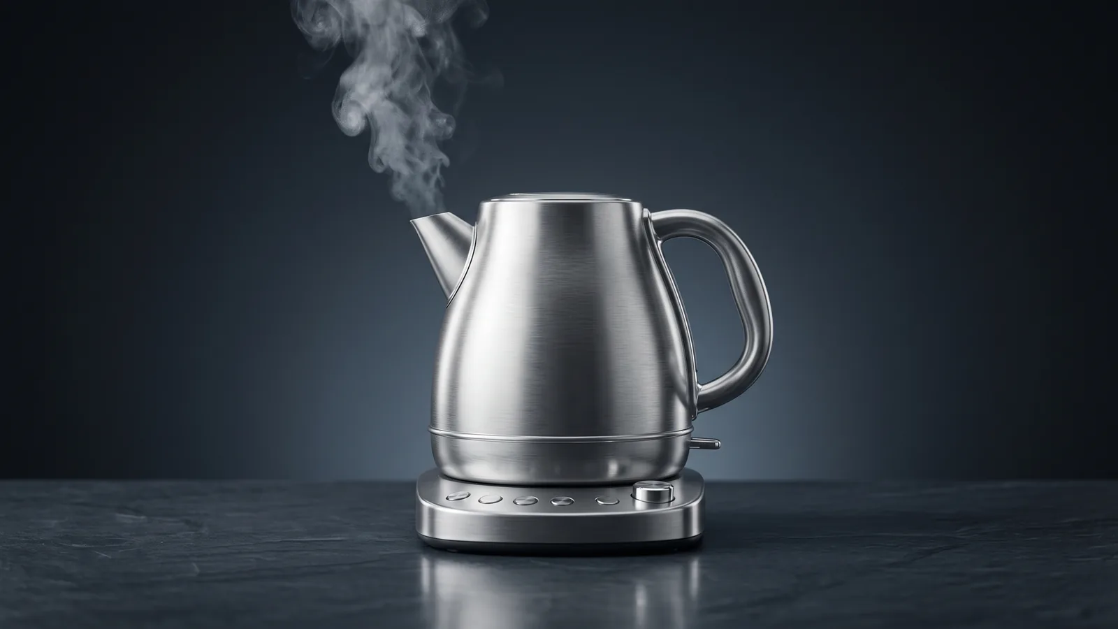 A premium brushed-stainless electric kettle on a control base with steam (generic).