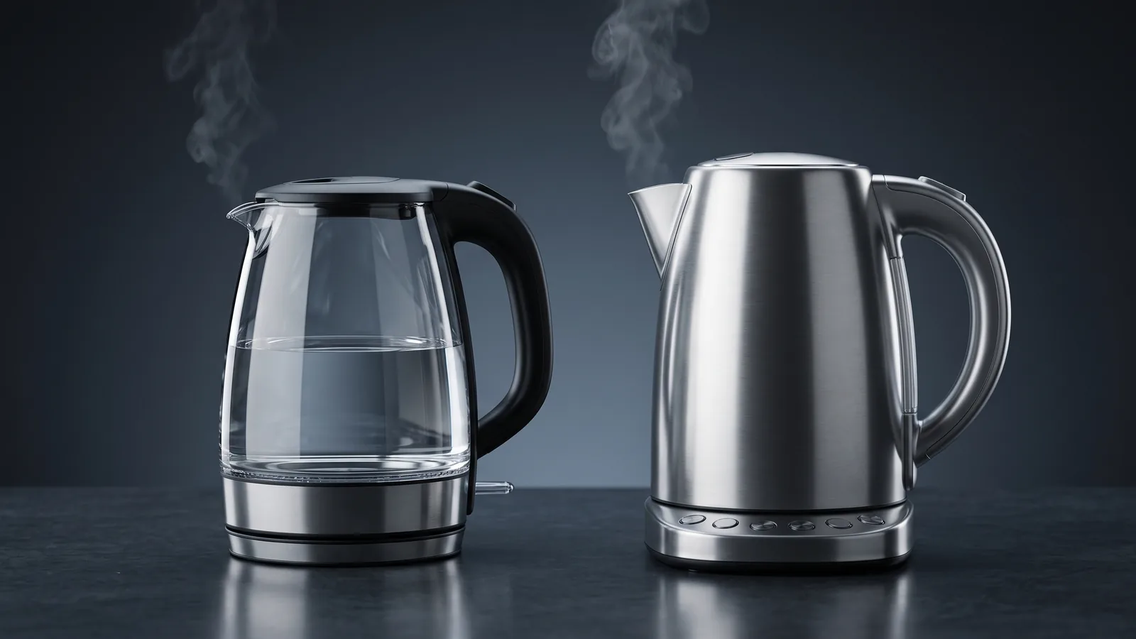 Two electric kettles side by side, a premium stainless one and a value one.