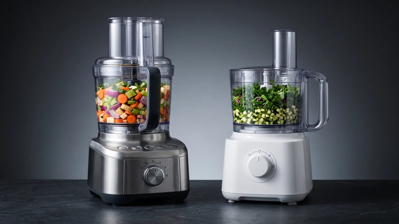 Two full-size food processors side by side, each with a bowl of chopped vegetables.