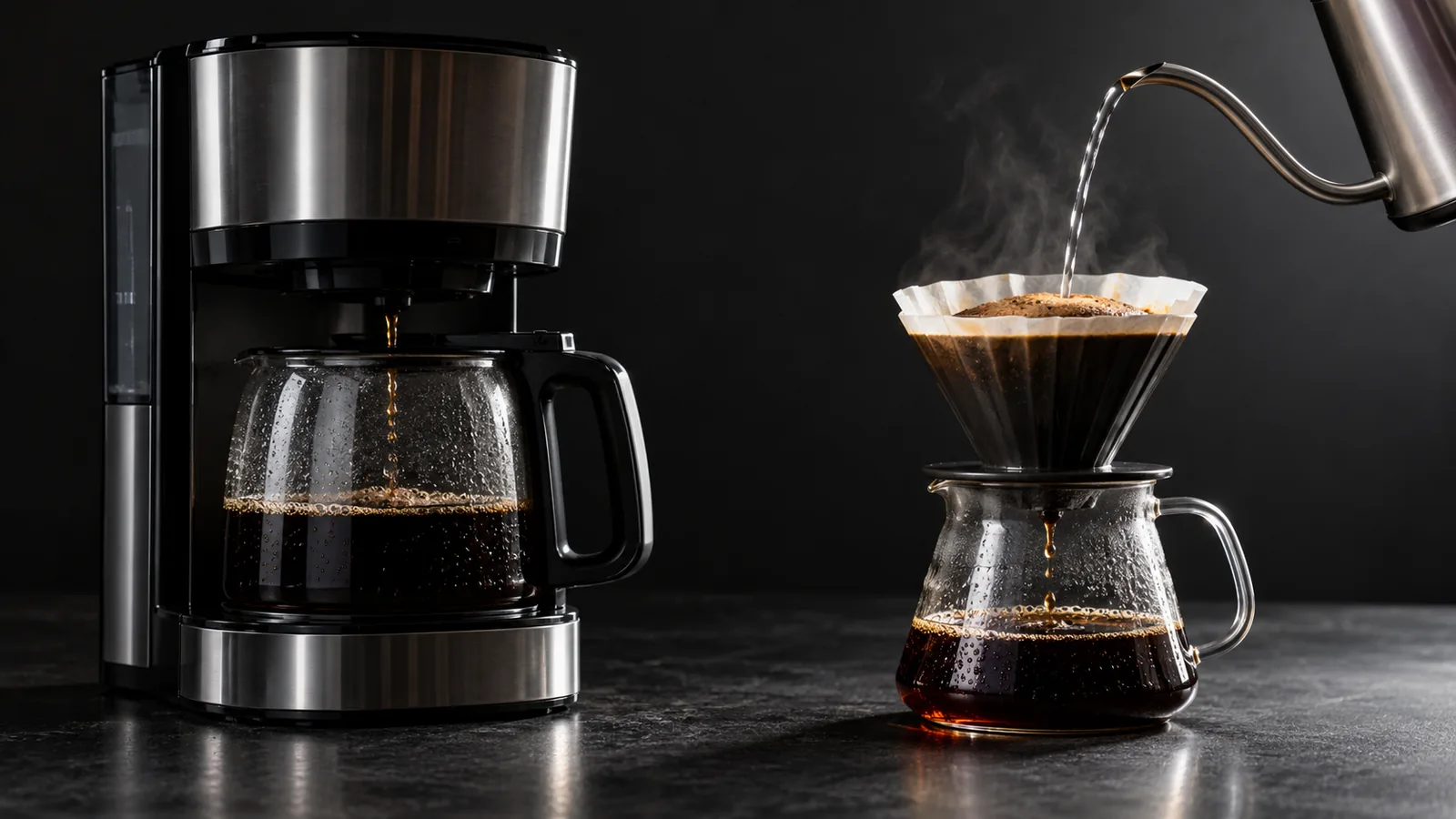An automatic drip coffee maker filling its carafe beside a manual pour-over dripper being poured from a gooseneck kettle.