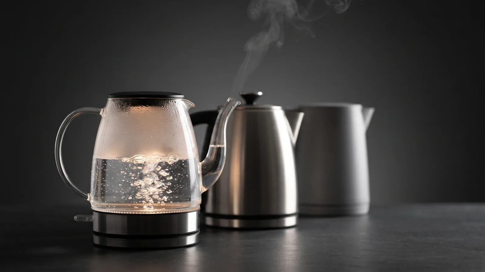 A clear glass electric kettle mid-boil, glowing warm with rising steam, beside a brushed stainless steel kettle and a matte plastic kettle on a dark surface.