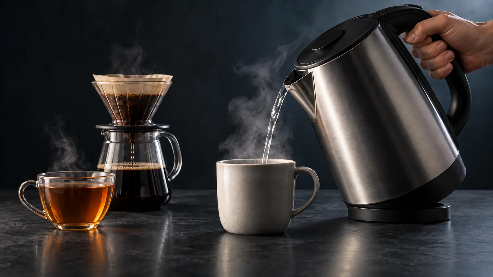 An electric kettle pouring into a cup with steam, a cup of tea and a pour-over of coffee suggested nearby.