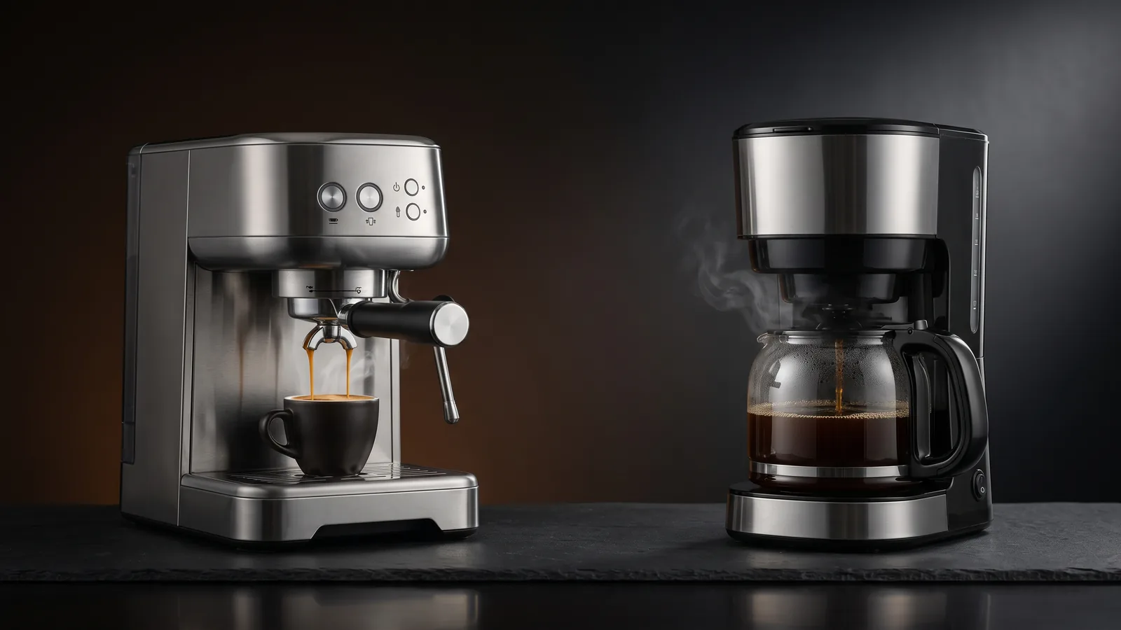 A contrast: on the left an espresso machine with a portafilter pulling a shot with crema; on the right a drip coffee maker filling a carafe.