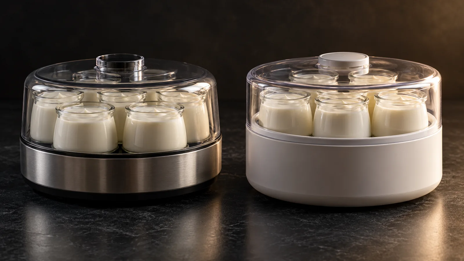 Two similar jar-based yogurt makers side by side, each ringed with small glass jars.