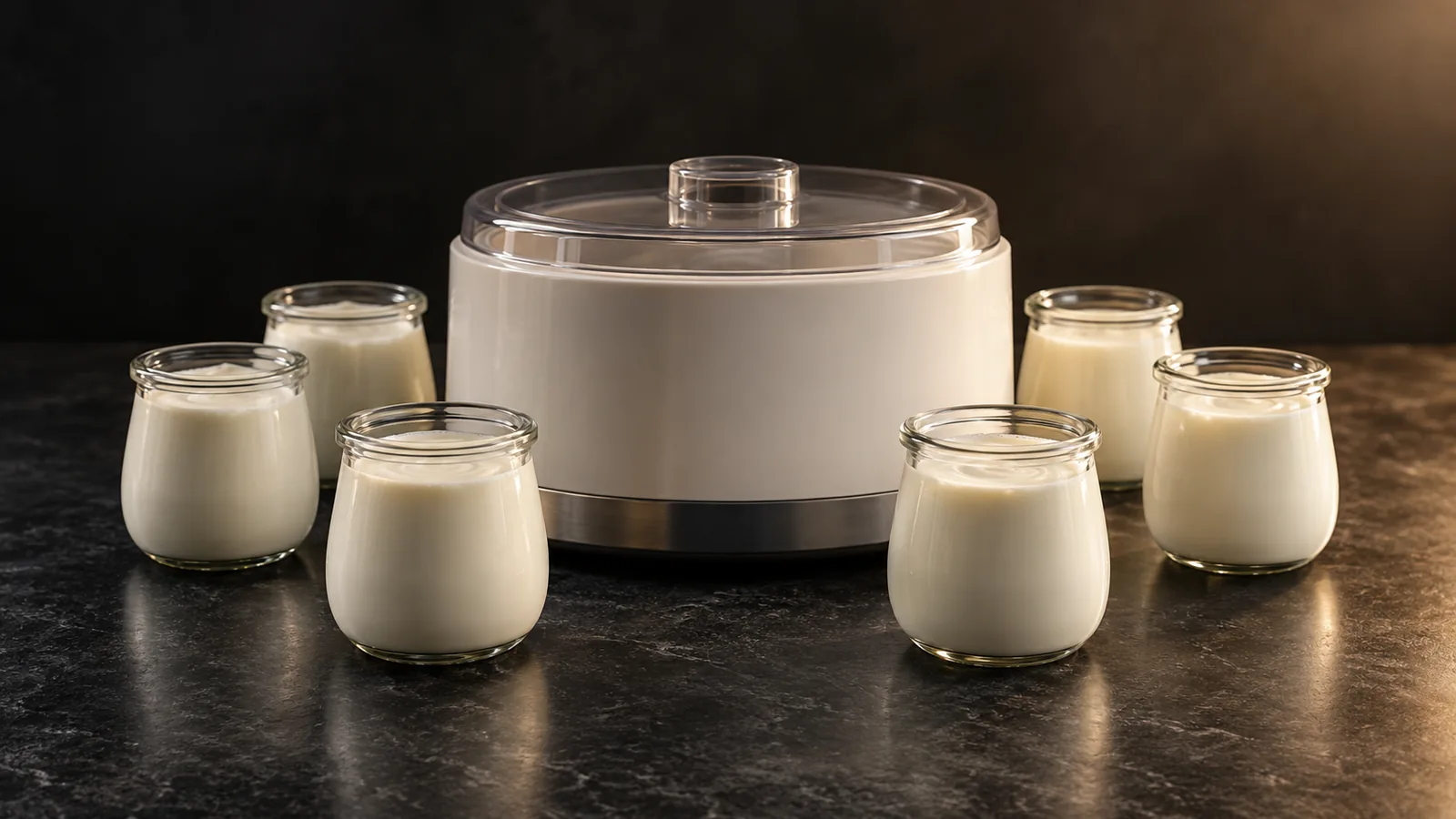 A jar-based yogurt maker with seven small glass jars of set yogurt arranged around it (generic).