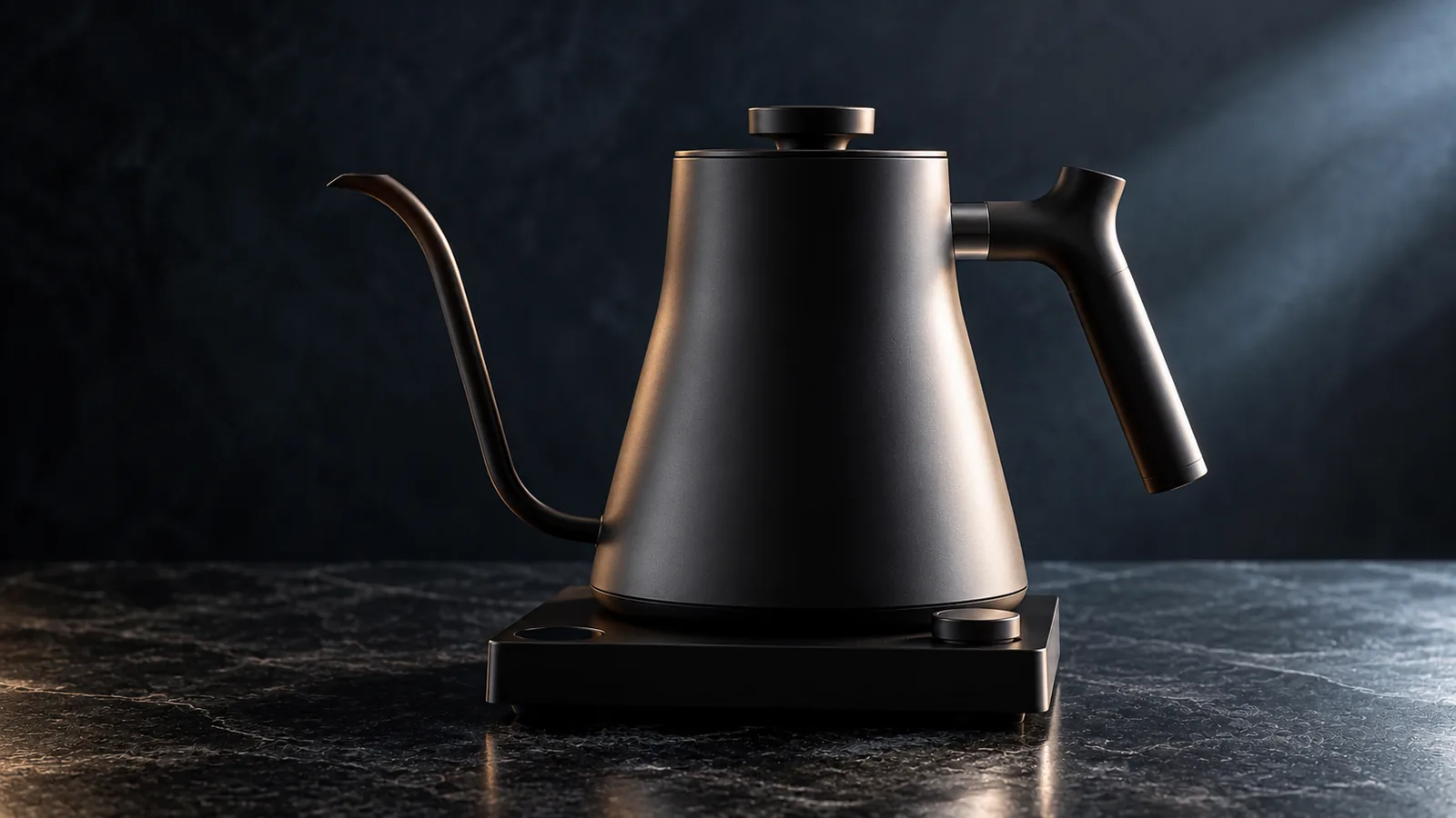 A minimalist premium matte-black gooseneck electric kettle, sculptural and design-forward (generic, no logo), a single highlight along its curve.