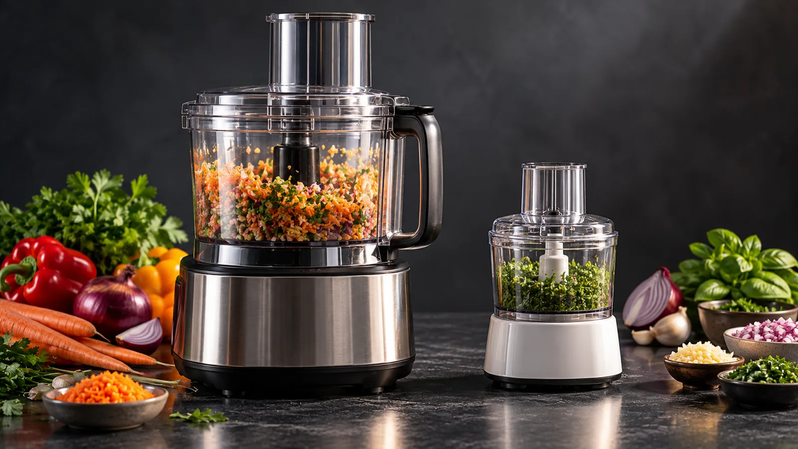 A contrast: a large full-size food processor on the left and a small mini one on the right, a clear size difference.