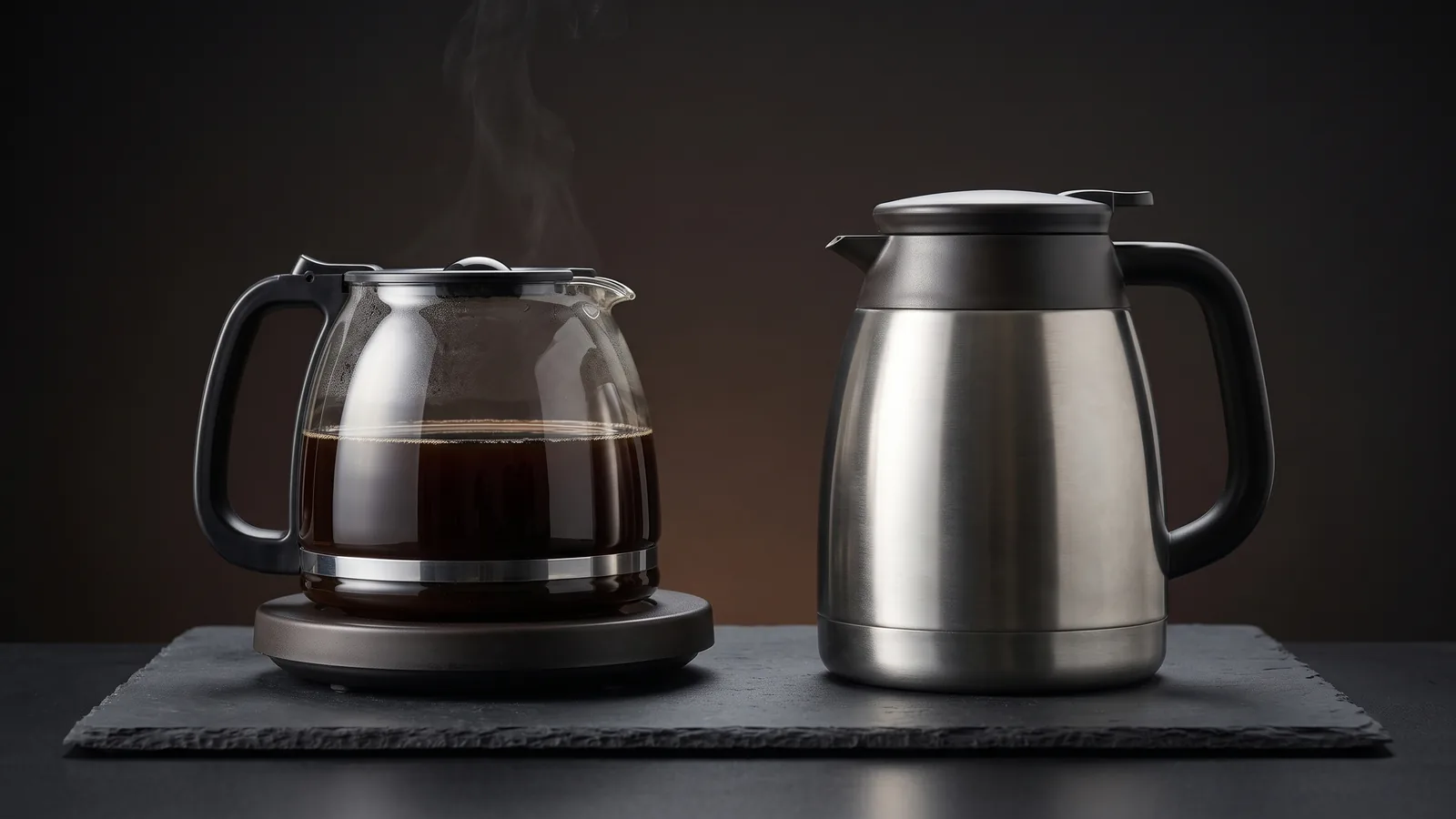 A contrast: on the left a clear glass carafe of coffee on a warming plate; on the right a sleek stainless steel insulated thermal carafe.