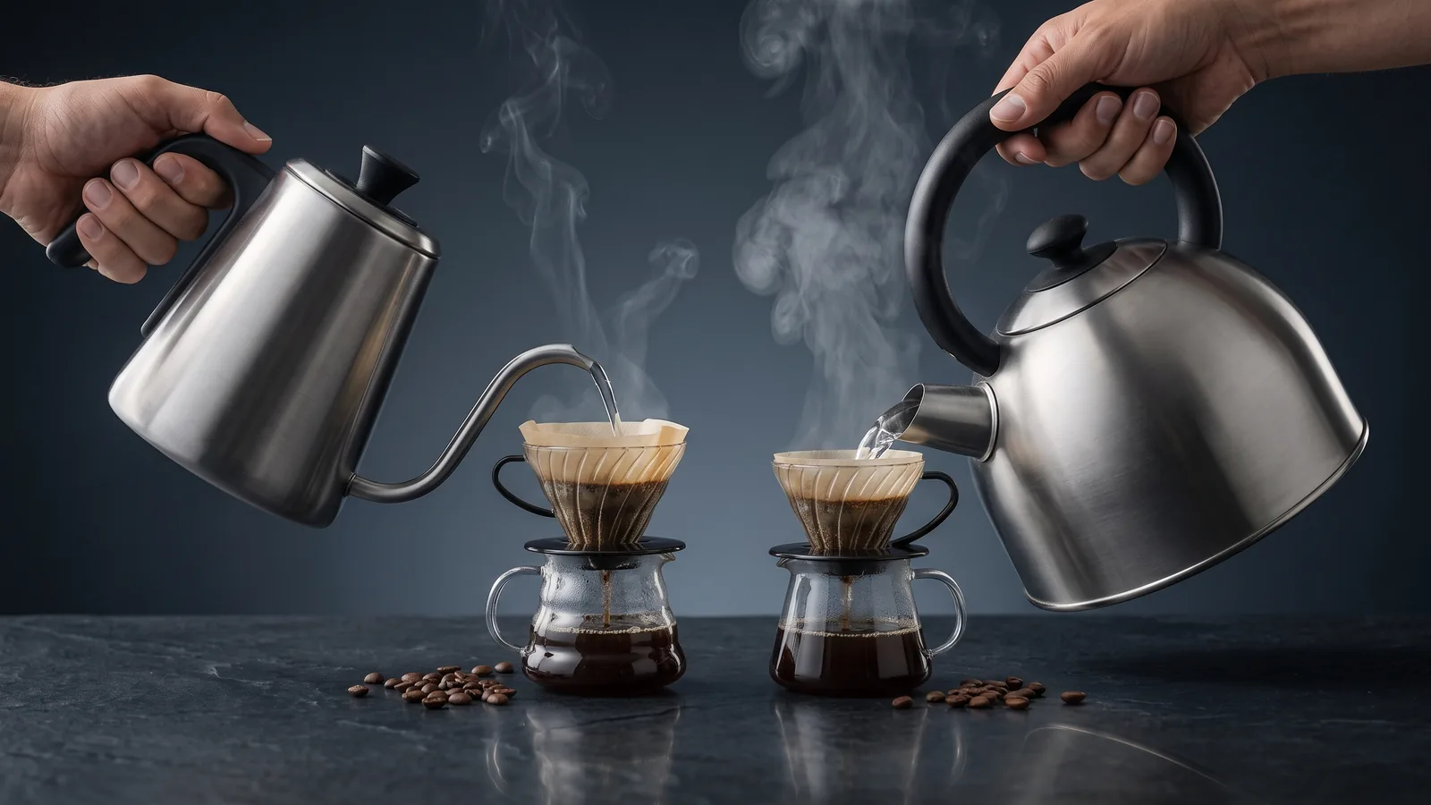 A contrast: on the left a slender gooseneck-spout kettle pouring a fine controlled stream; on the right a standard wide-spout kettle pouring a broad stream.