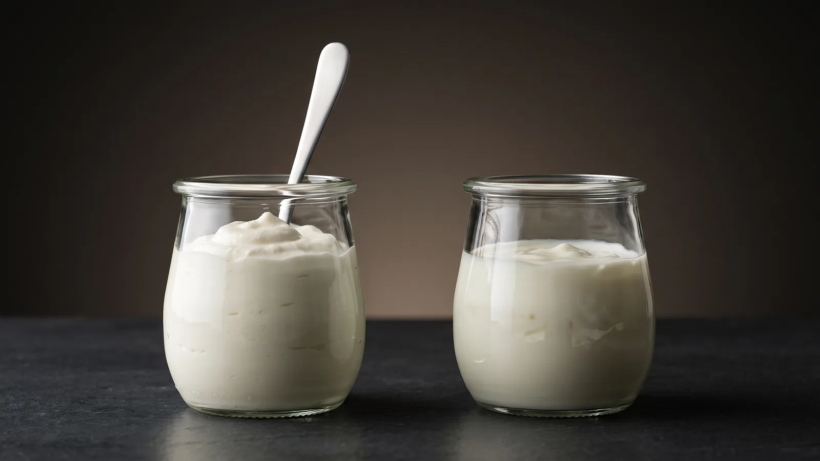 A contrast: on the left a jar of thick strained Greek yogurt with a spoon standing up; on the right a jar of looser pourable regular yogurt.