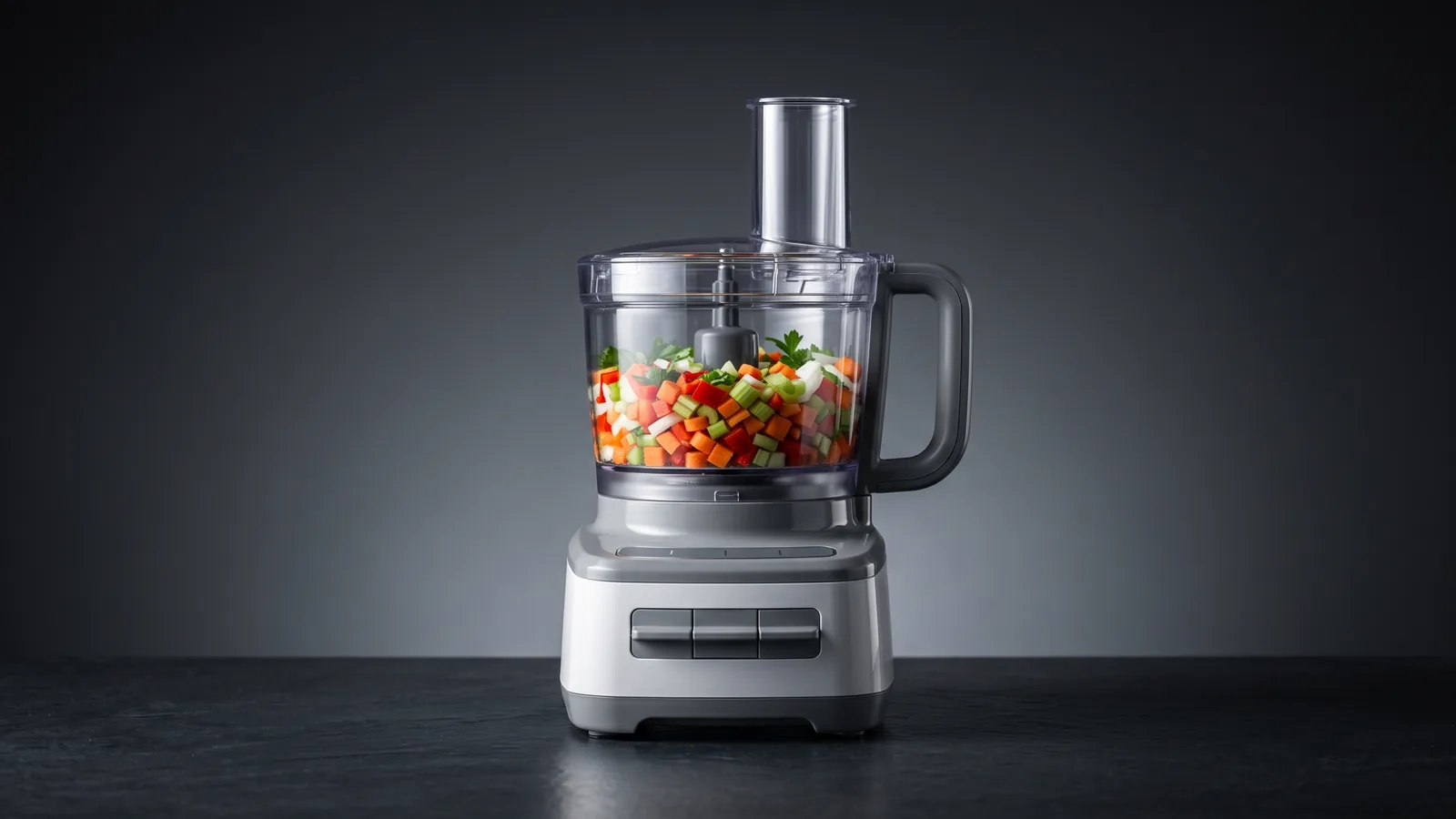 A value full-size food processor with an easy latch and a bowl of chopped vegetables (generic).