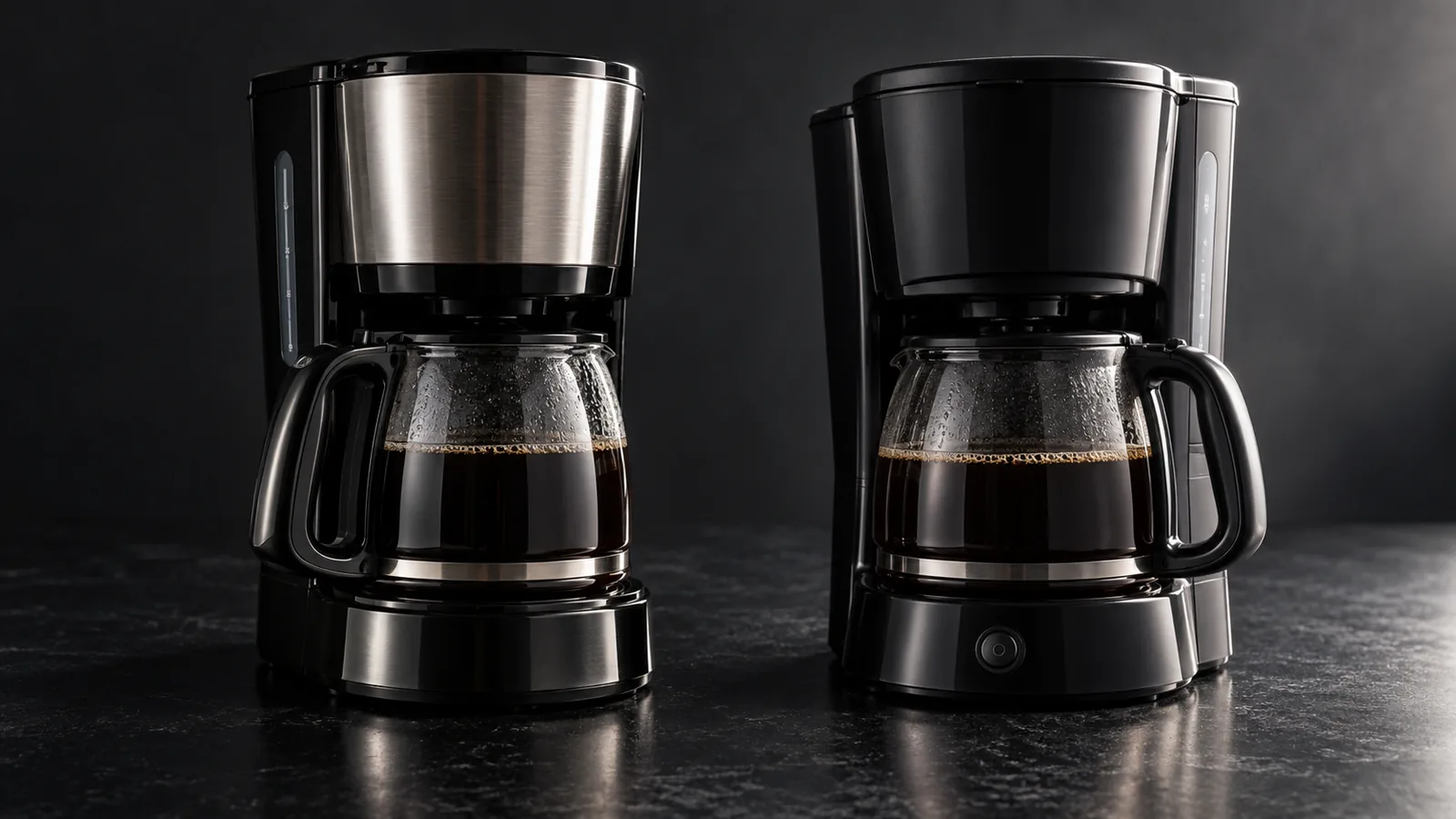Two black budget drip coffee makers side by side, each with a glass carafe of coffee.