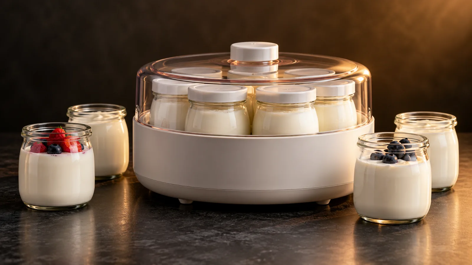 A yogurt maker ringed with glass jars of yogurt, a gentle warm glow suggesting steady incubation heat.