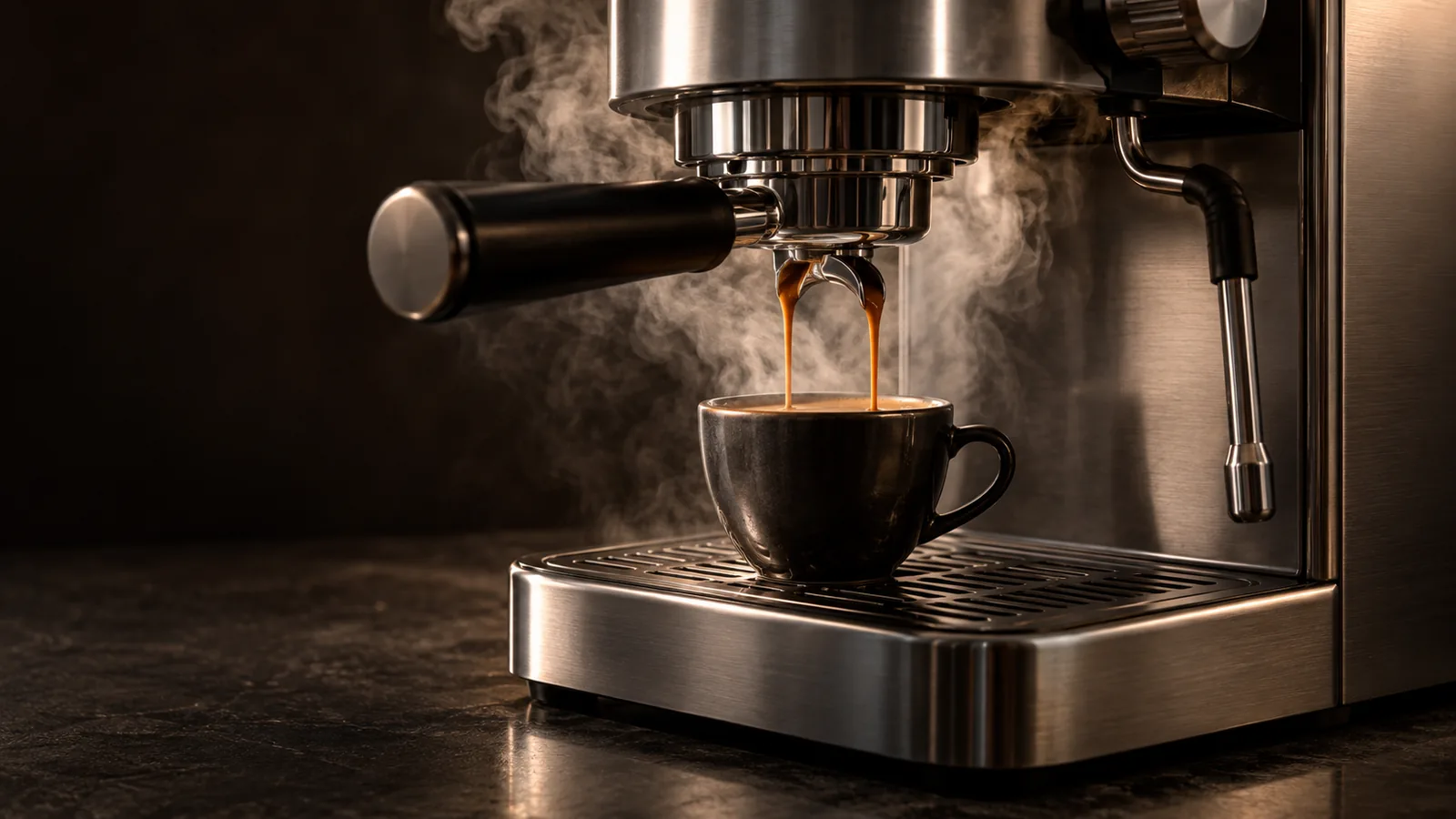 An espresso machine with a portafilter locked in the group head and a rich espresso stream flowing into a cup, steam rising from the group.