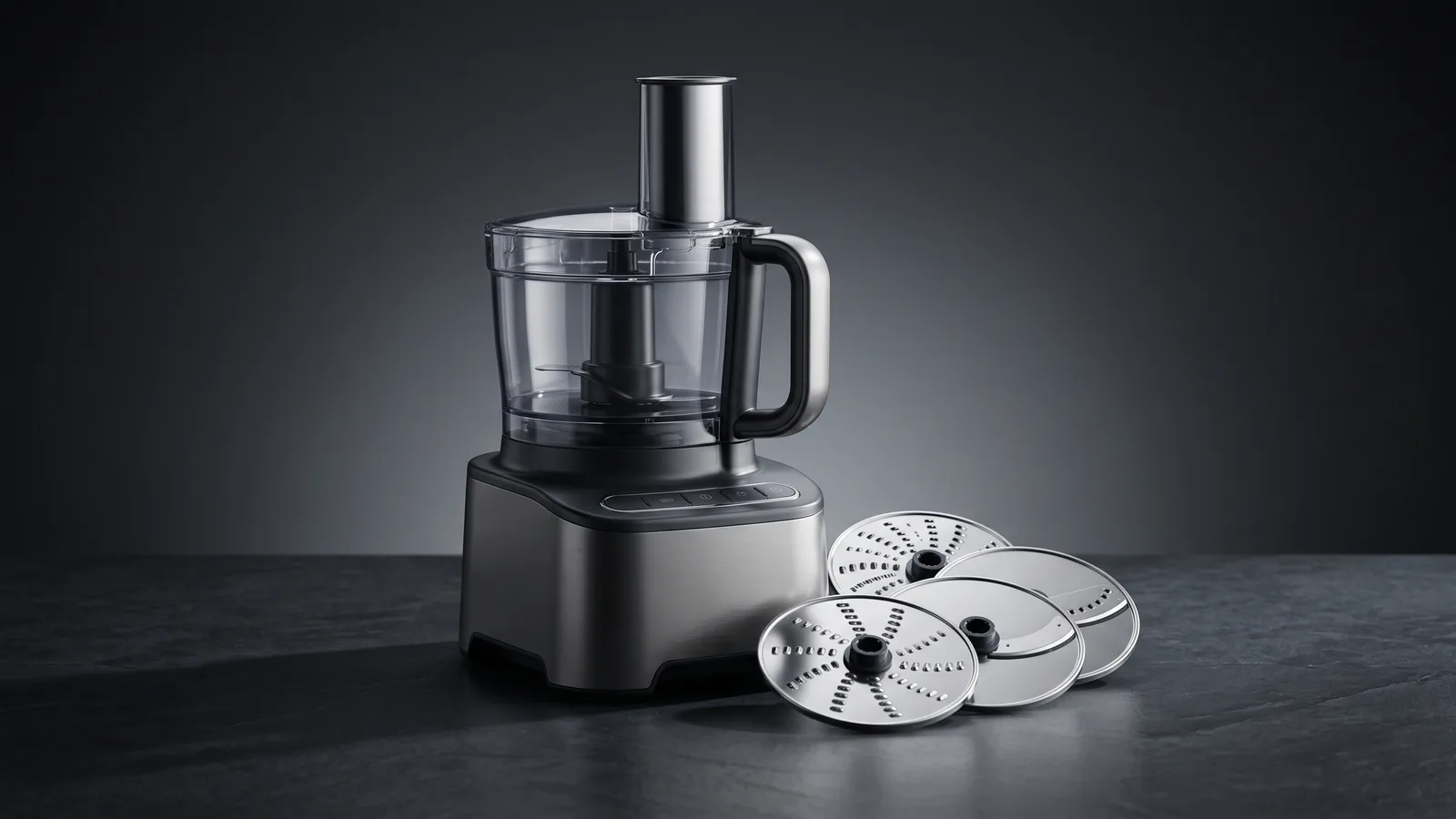 A food processor as hero with its bowl and a fan of attachment discs, a buying-decision mood.