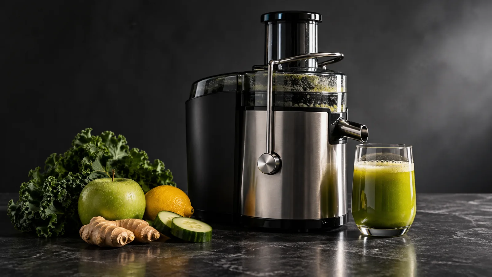 A juicer with a glass of fresh juice and a few fruits and vegetables, a buying-decision mood.