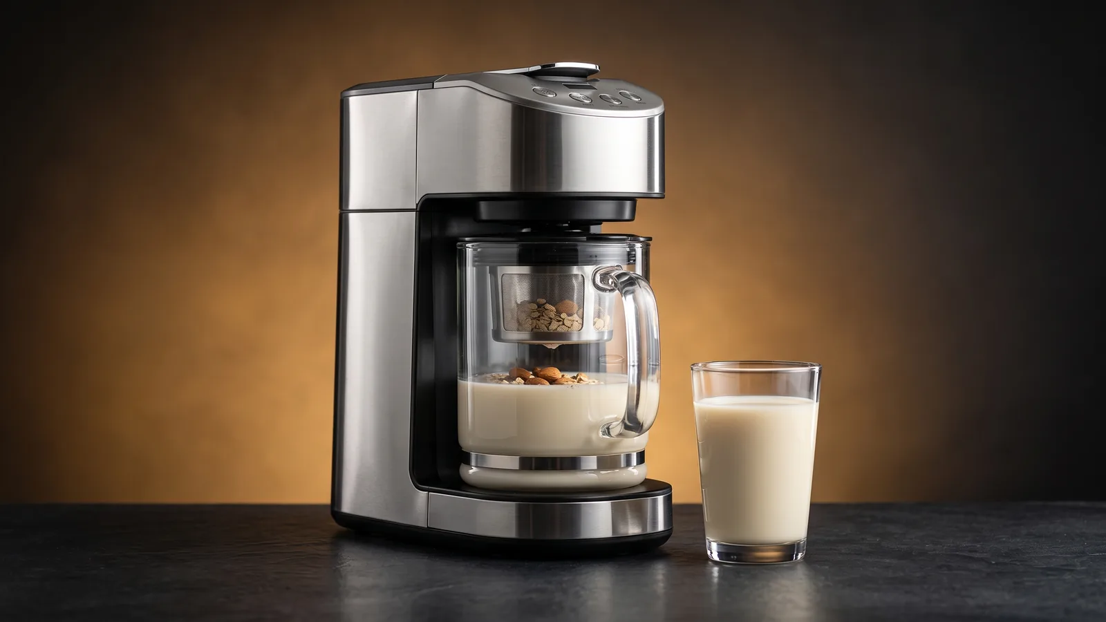 A nut milk maker as hero with a glass of plant milk, a buying-decision mood.