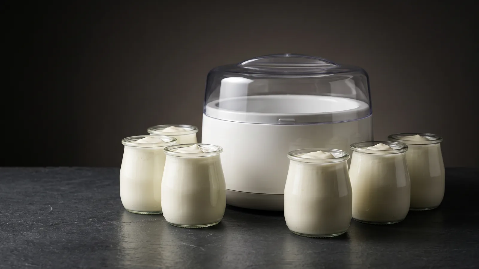 A yogurt maker with glass jars of creamy yogurt, a buying-decision mood.