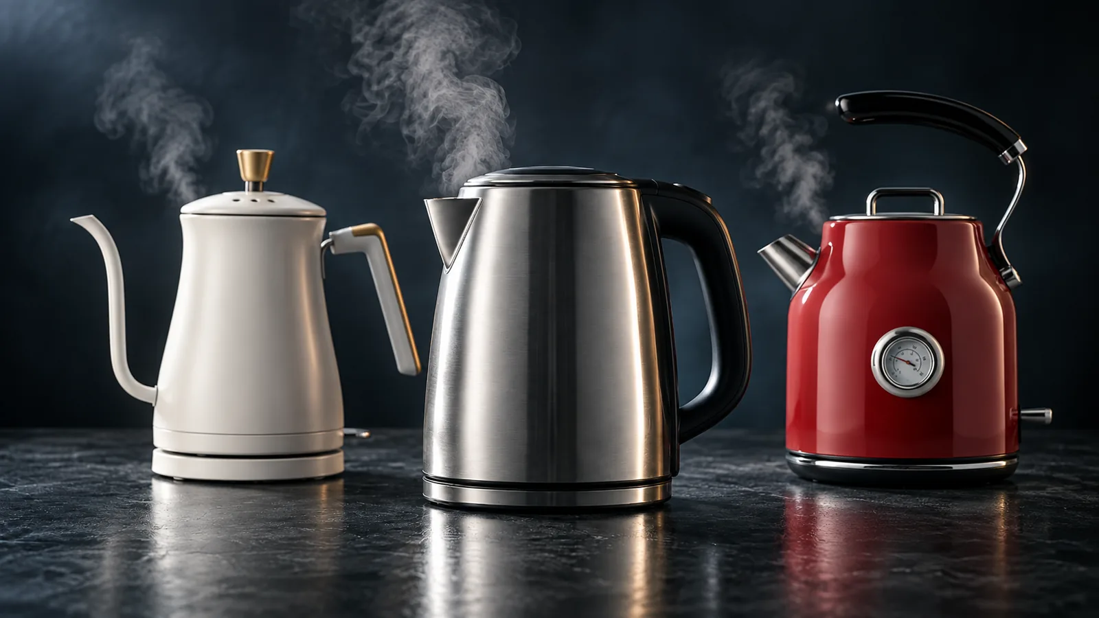 An electric kettle as hero with steam rising, a considered buying-decision mood.