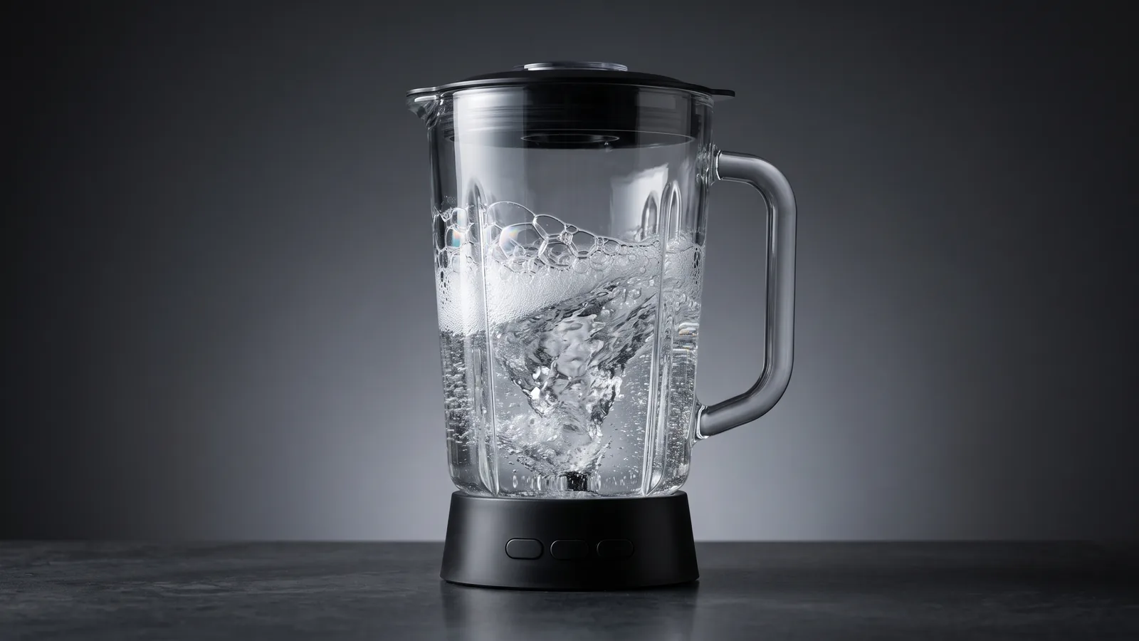 A clear blender pitcher half-filled with sudsy water caught mid-swirl, glossy bubbles climbing the glass, sparkling clean.