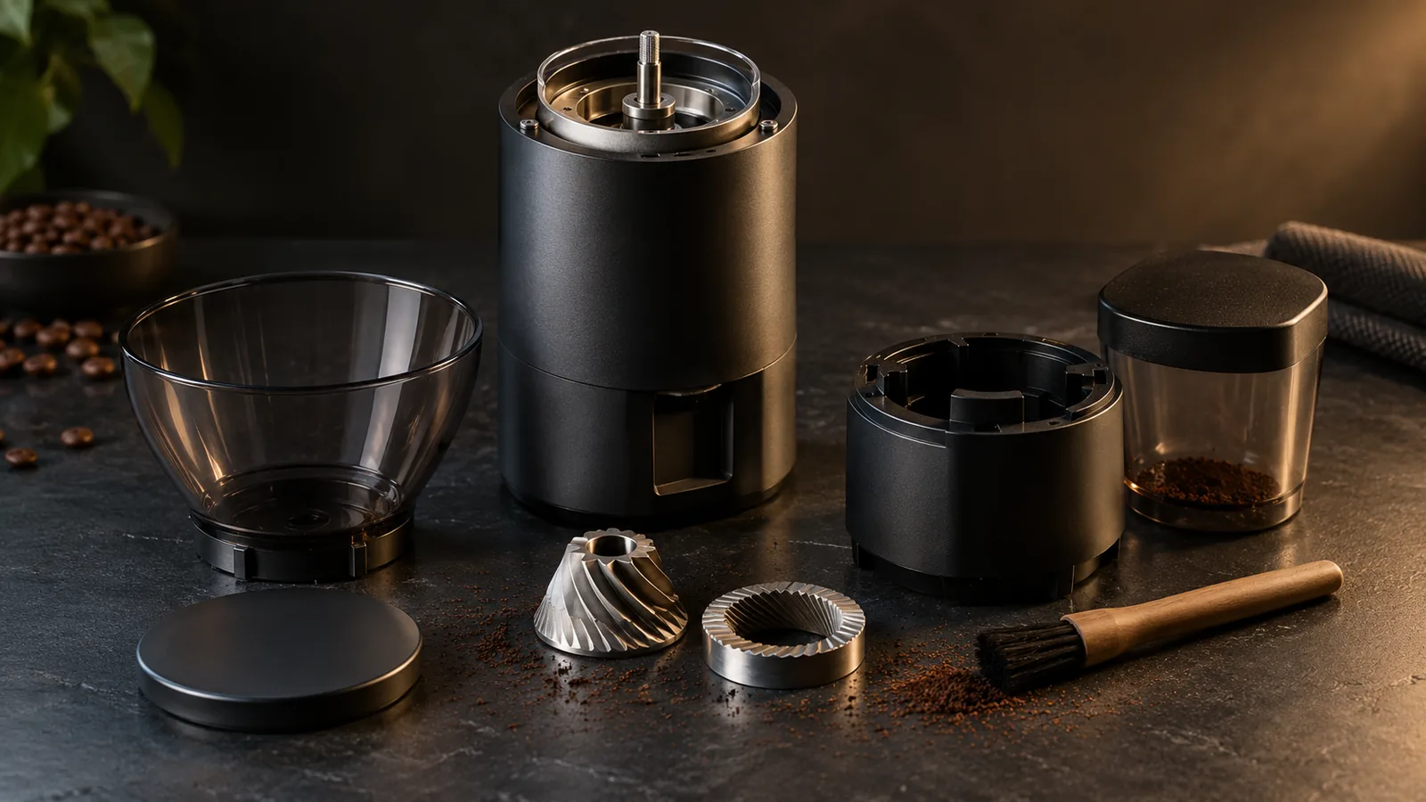 A burr grinder disassembled with its burrs and hopper set out immaculately clean beside a small cleaning brush, a light dusting of coffee, freshly serviced.