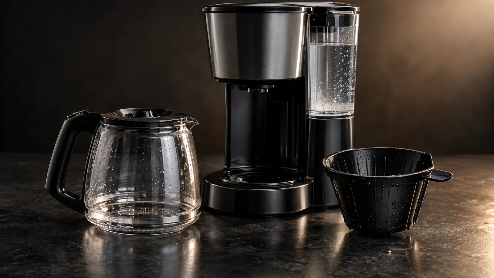 A drip coffee maker's glass carafe and filter basket set out sparkling clean with water droplets, clear descaling water in the reservoir, freshly cleaned.