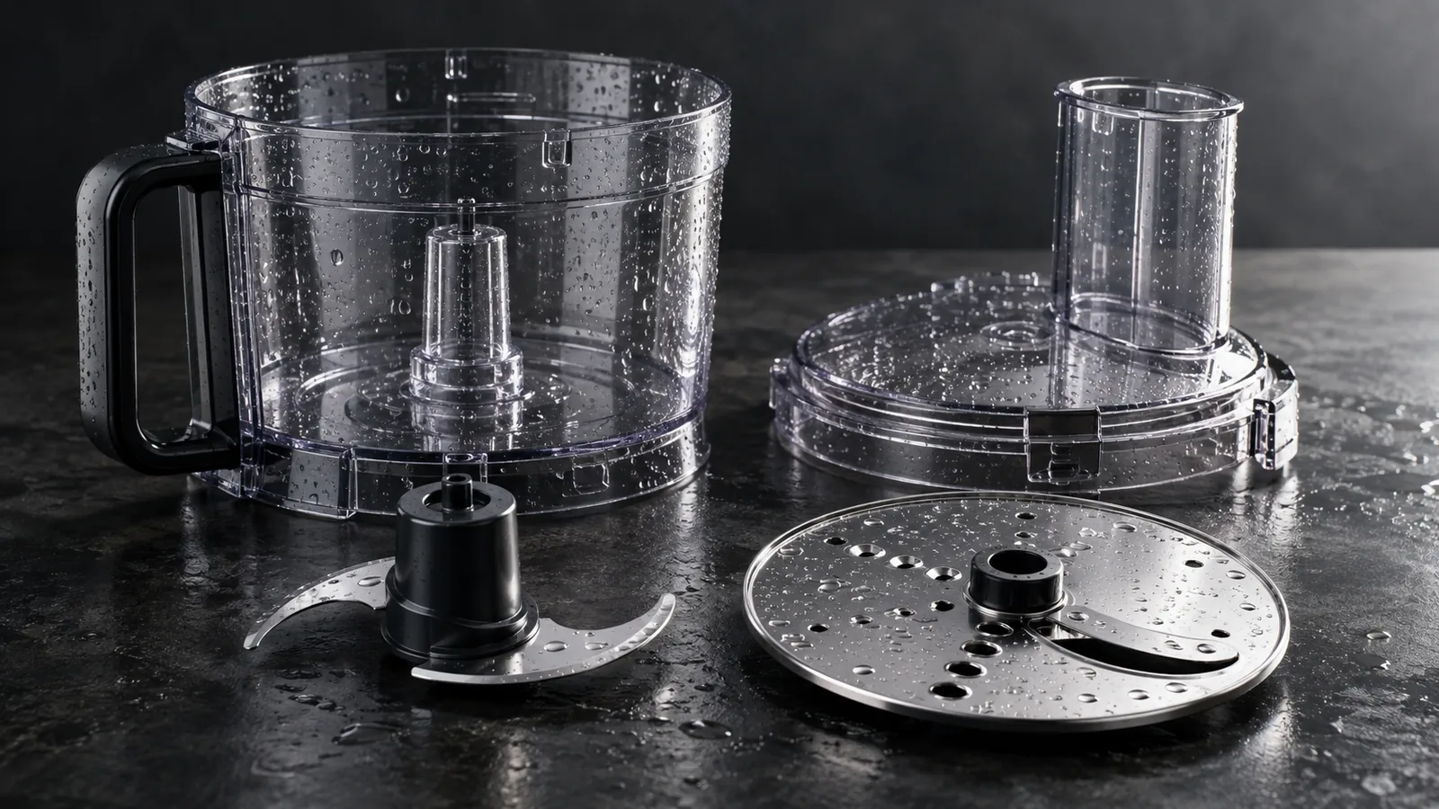 A food processor's bowl, lid, S-blade, and slicing disc laid out sparkling clean with water droplets, freshly washed.