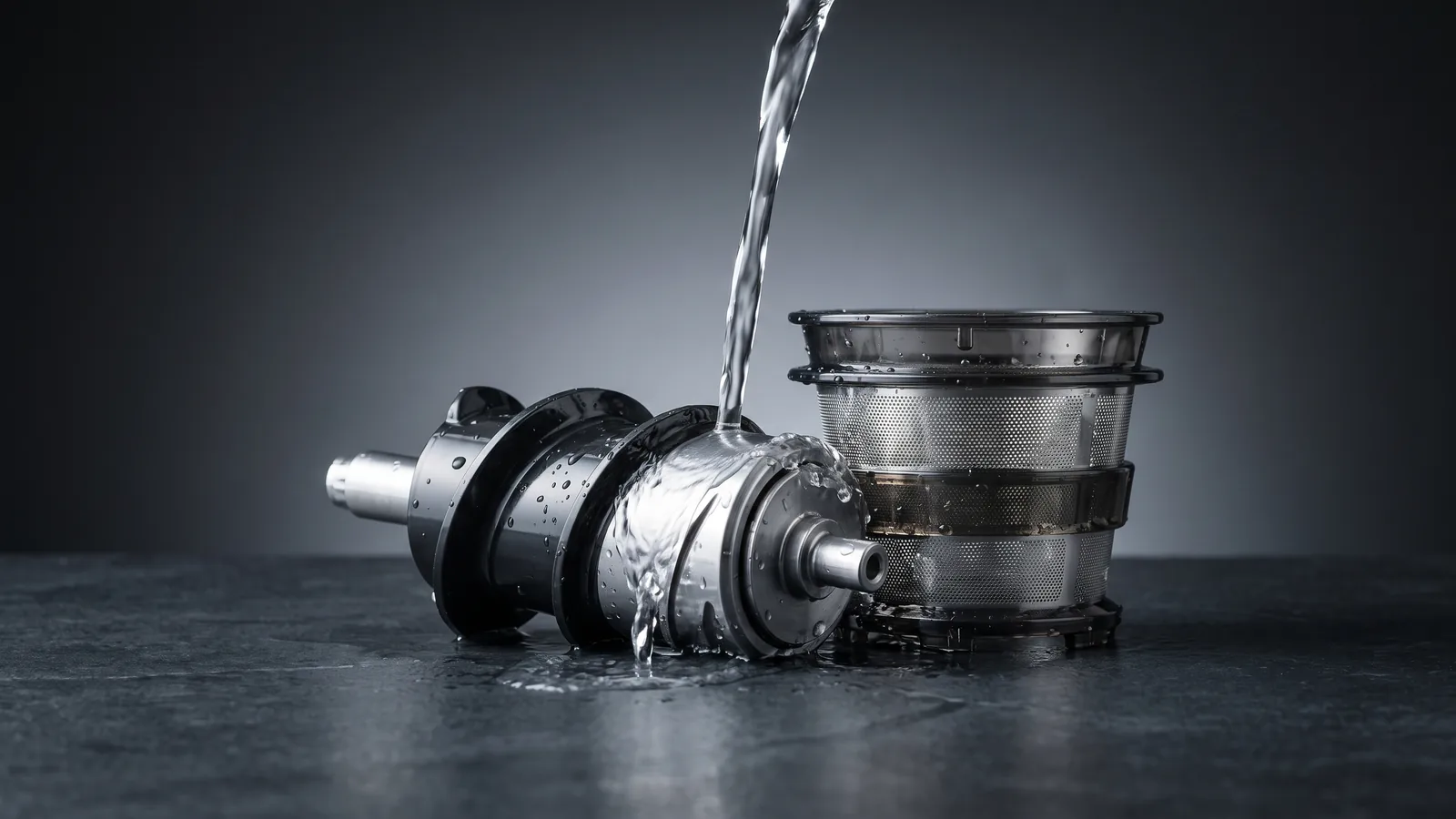 A juicer disassembled with its auger and mesh screen set out sparkling clean under running-clear water, pulp rinsed away.