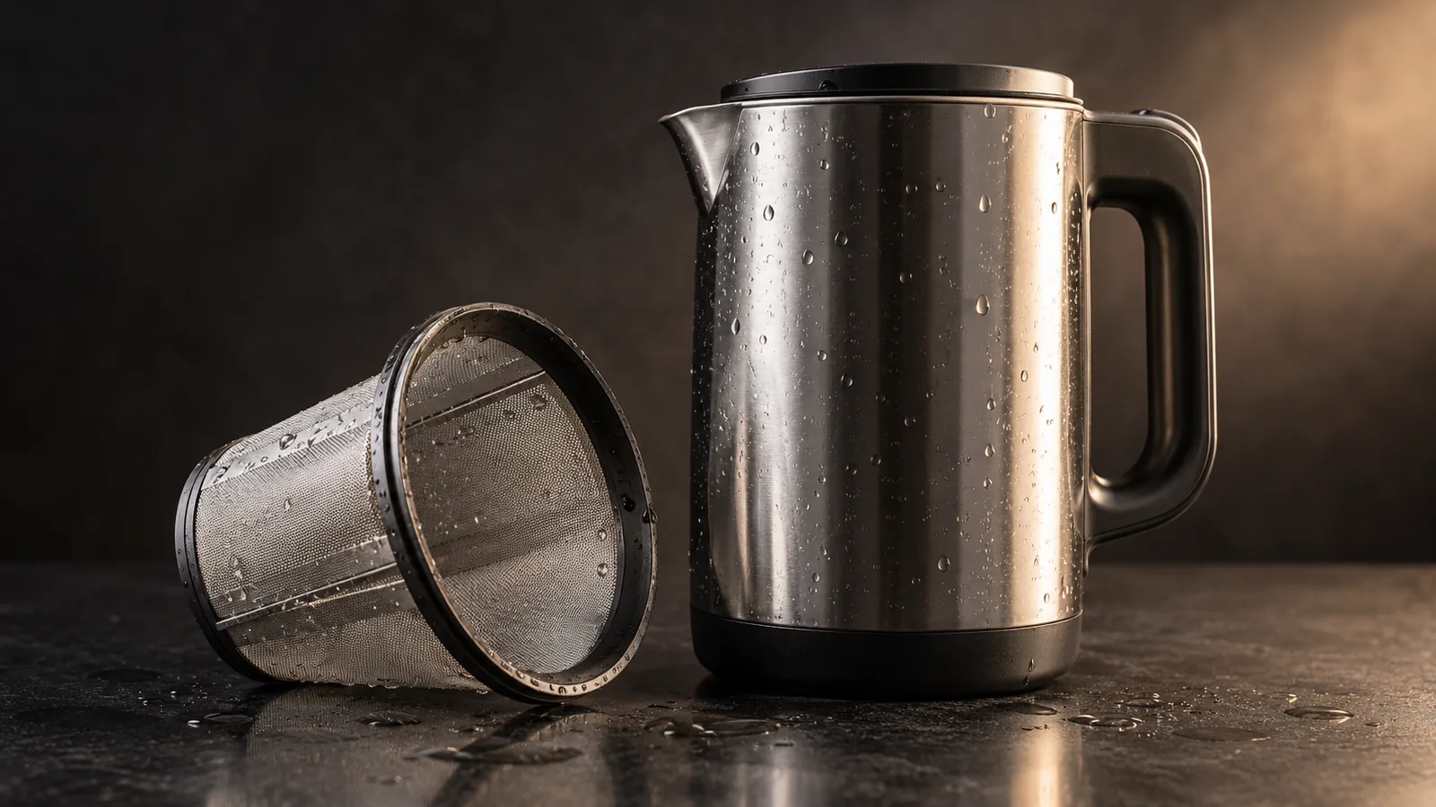 A nut milk maker's canister and fine mesh filter set out sparkling clean with water droplets, no residue.