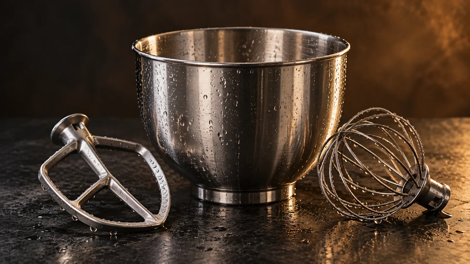 A stand mixer's bowl, flat beater, and whisk set out sparkling clean with water droplets.