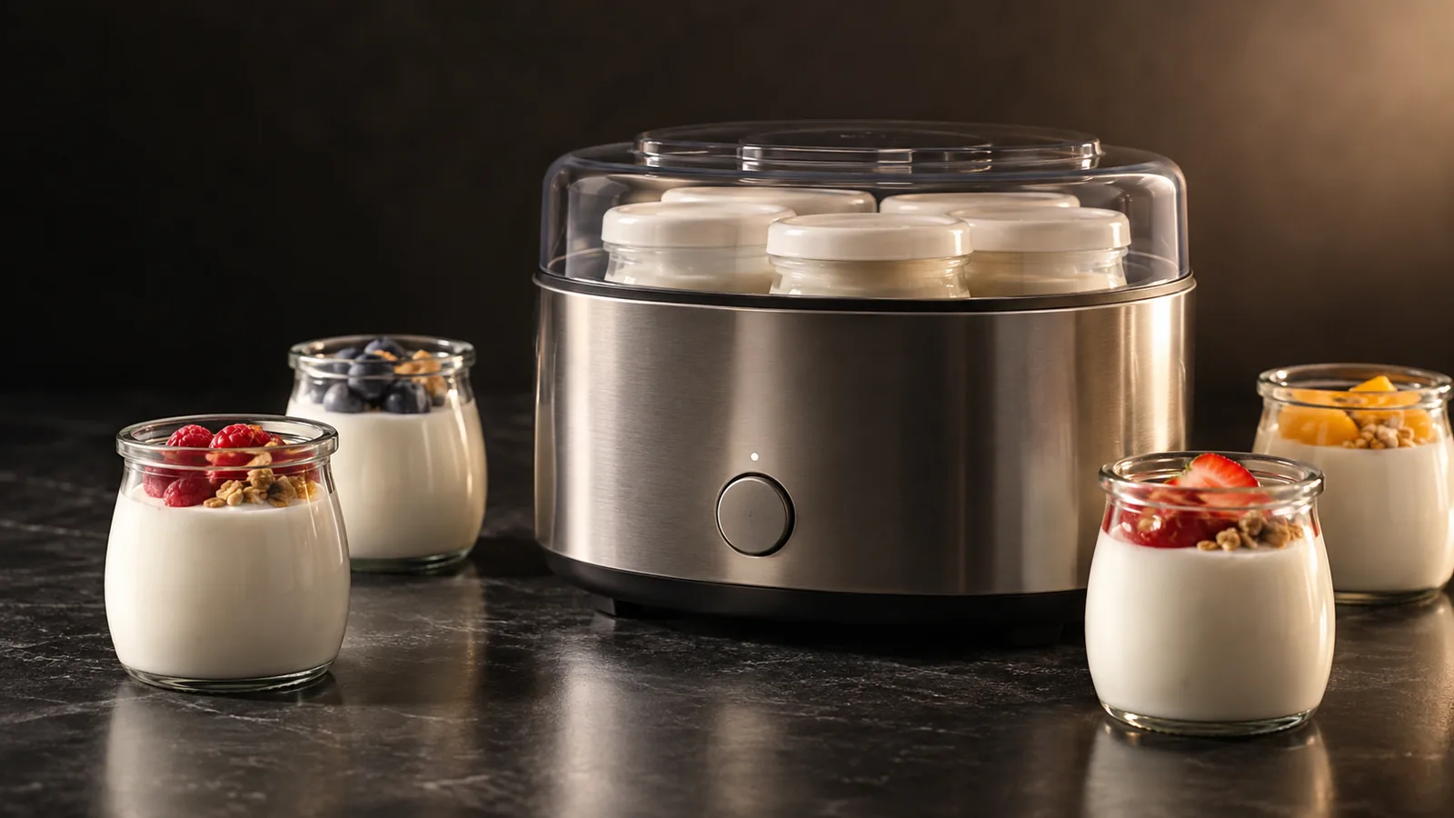 A white yogurt maker base and its glass jars, sparkling clean and covered in fresh water droplets, on a dark surface.