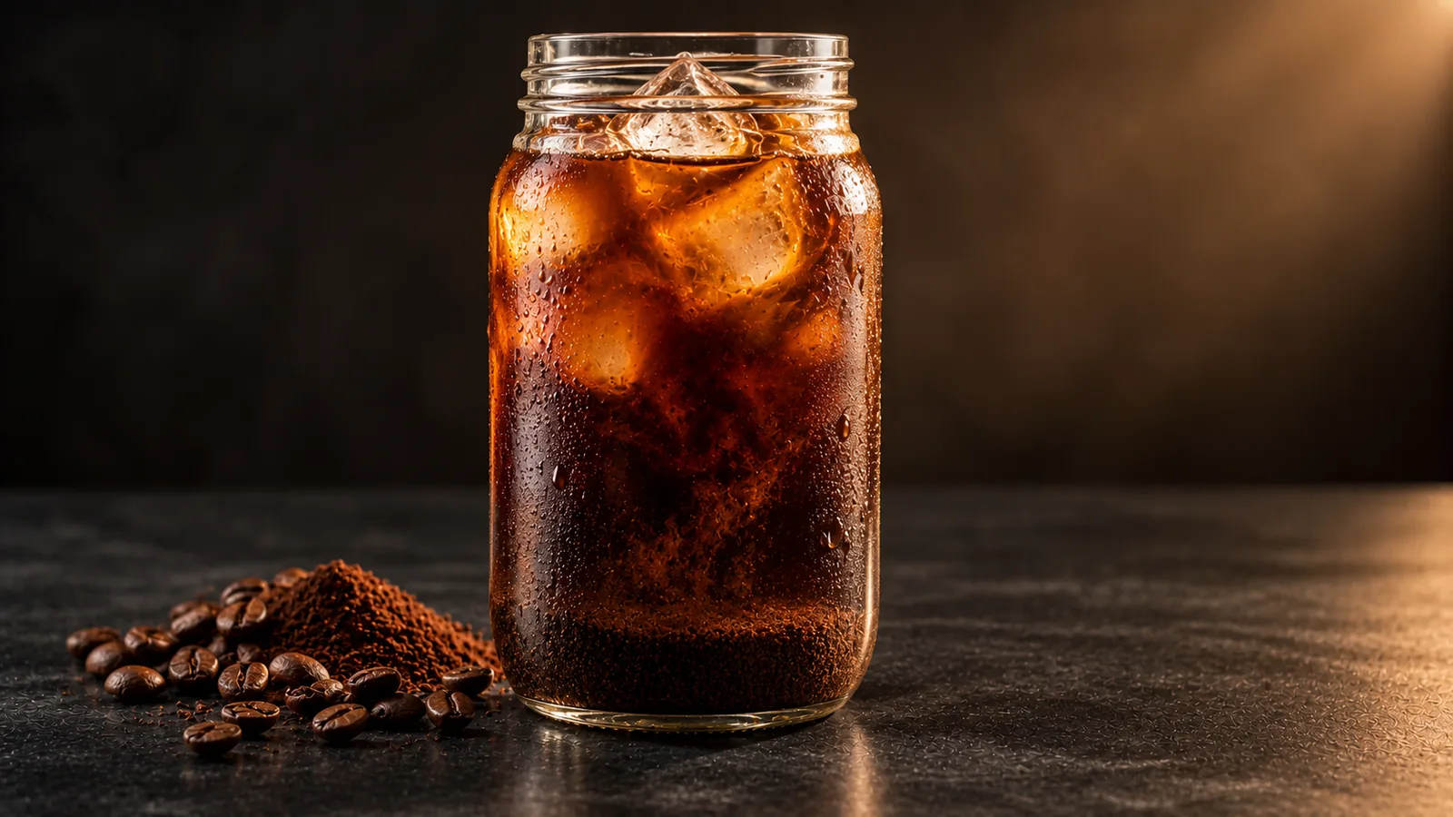 A tall glass jar of deep-brown cold brew with large ice cubes, a soft cloud of coffee grounds settling at the bottom, cold condensation beading the glass.